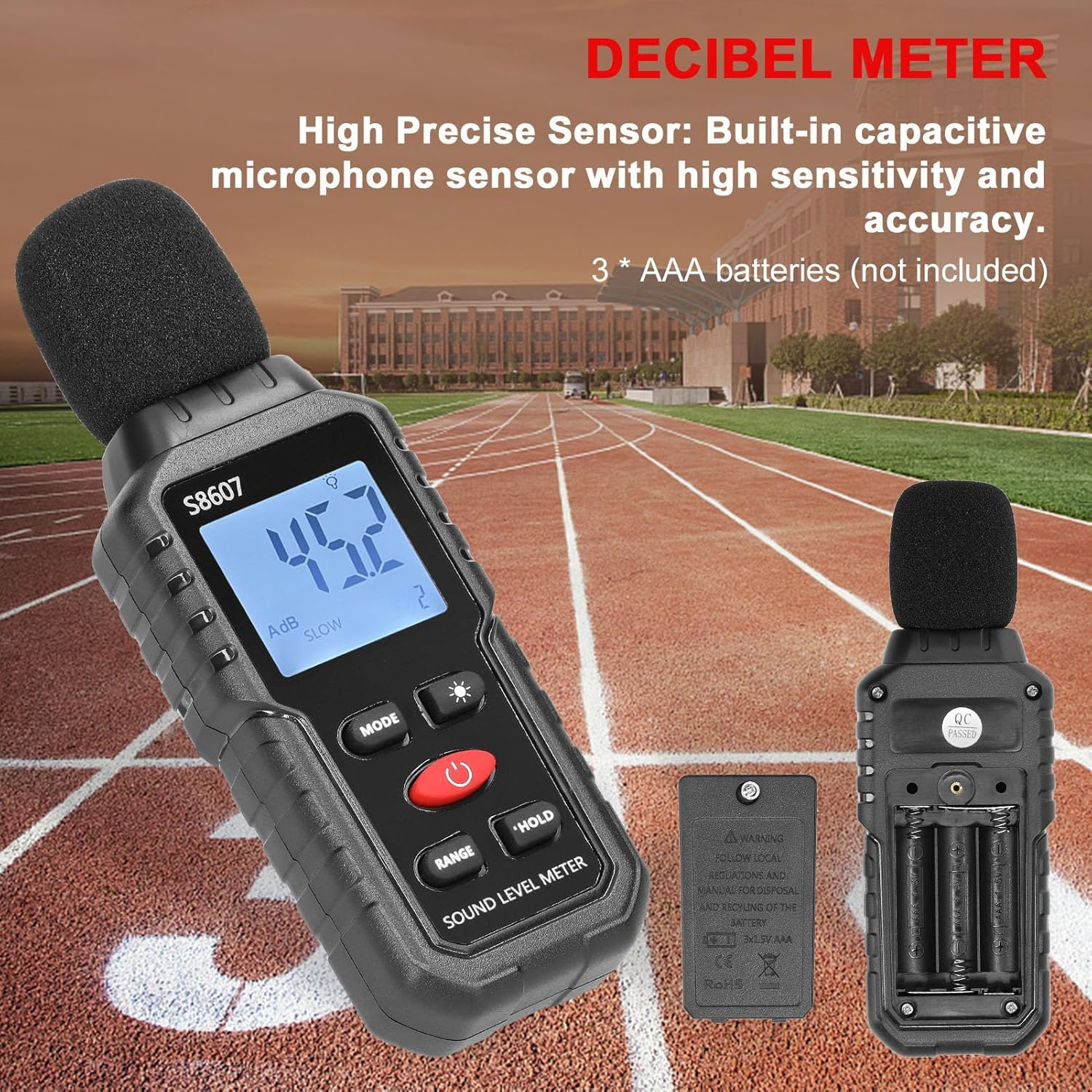 Decibel Meter, Digital Sound Level Meter with 30 to 130 DBA Range, Data Hold, Backlit LCD Display, Portable SPL Meter S8607, Sensitive and Accurate, for Classroom and Workshop image number 5