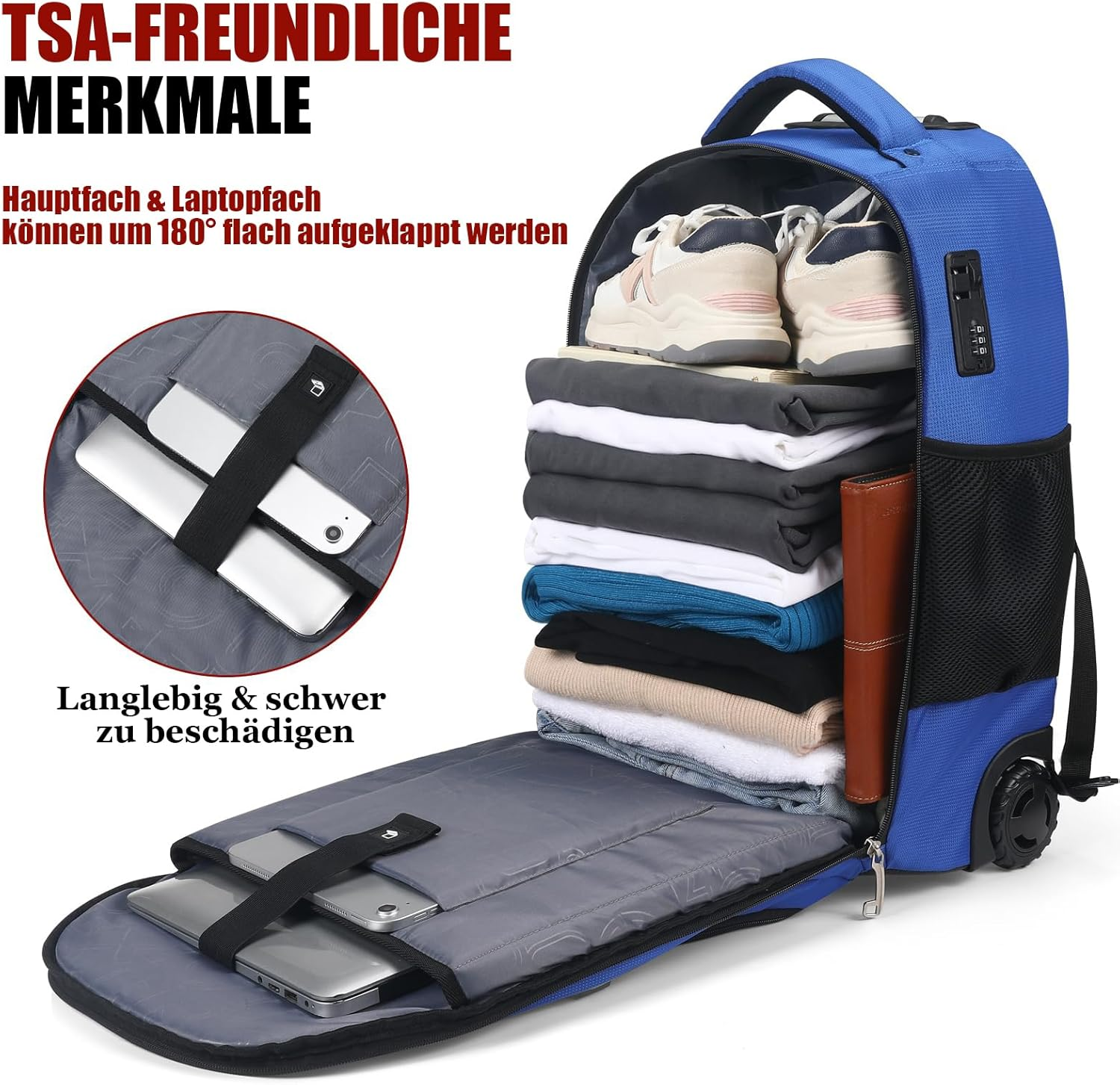 Extra Large Rolling Backpack with Wheels - Water-Resistant, 18" Laptop Compartment, 22.5"X15"X10", 55L Capacity, Ideal Carry-On for Weekend Travel, College, Work - Wheeled Business Backpack for Adults image number 3