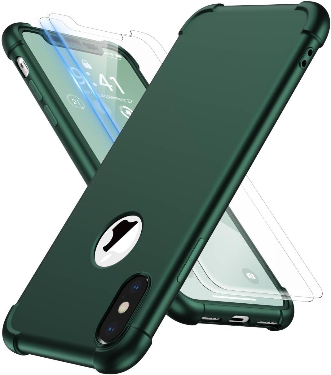 ORETECH Compatible with Iphone X Case Iphone Xs Case with [2 X Tempered Glass Screen Protector] 360&deg;Full Body Shockproof Case Ultra Thin Hard PC Silicone Case Cover for Iphone X/XS 5.8'' - Black