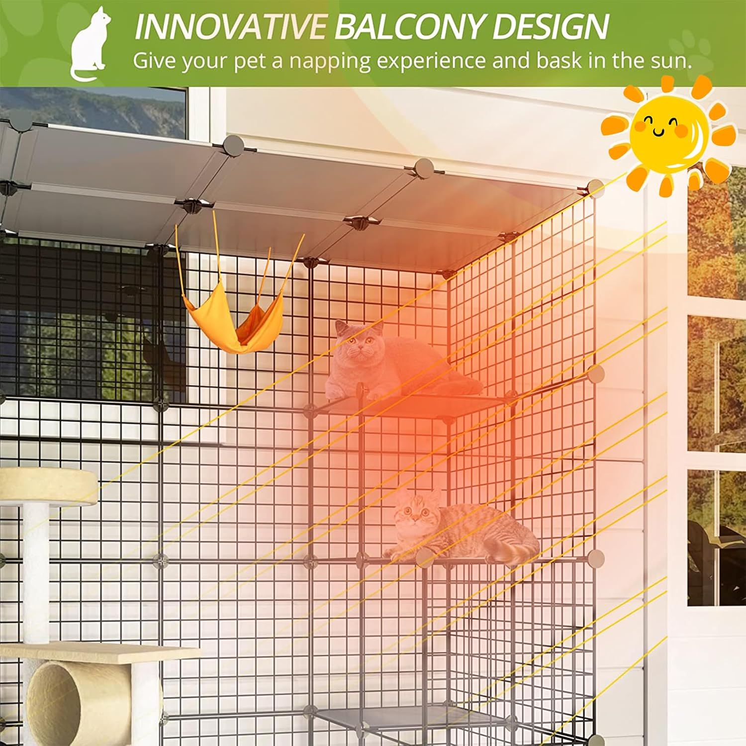 Eiiel Outdoor Cat House Cat Cages Enclosure with Super Large Enter Door, 55.1L X 27.6W X 55.1H Balcony Cat Playpen with Platforms,Diy Kennels Crate Large Exercise Place Ideal for 1-4 Cats image number 4