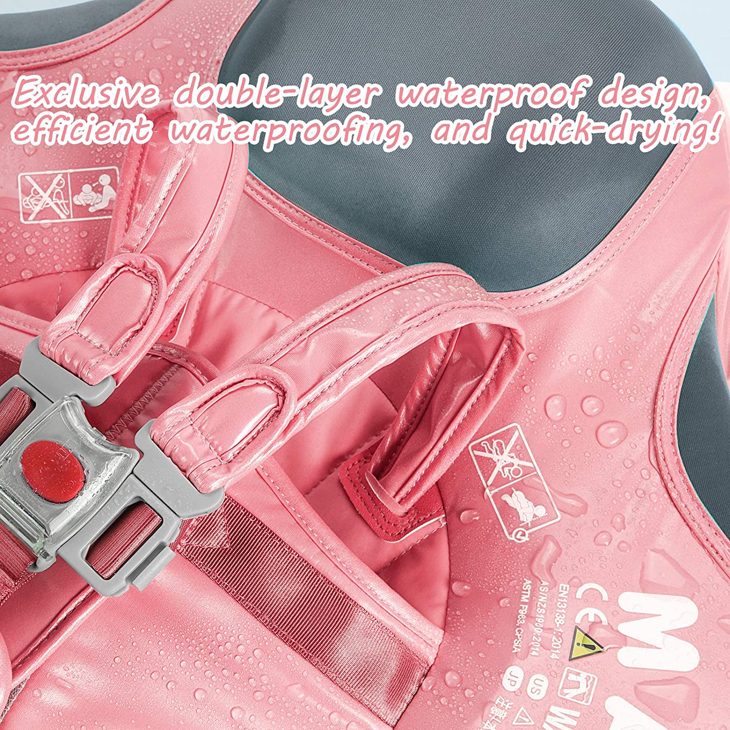 HECCEI Add Tail Newest Mambobaby Baby Swim Float with Canopy Solid Pool Infant Swim Trainer Swimming Training Lying Air Free Water Floats Non-Inflatable Waist Swim Ring for Toddlers (Flamingo) image number 4