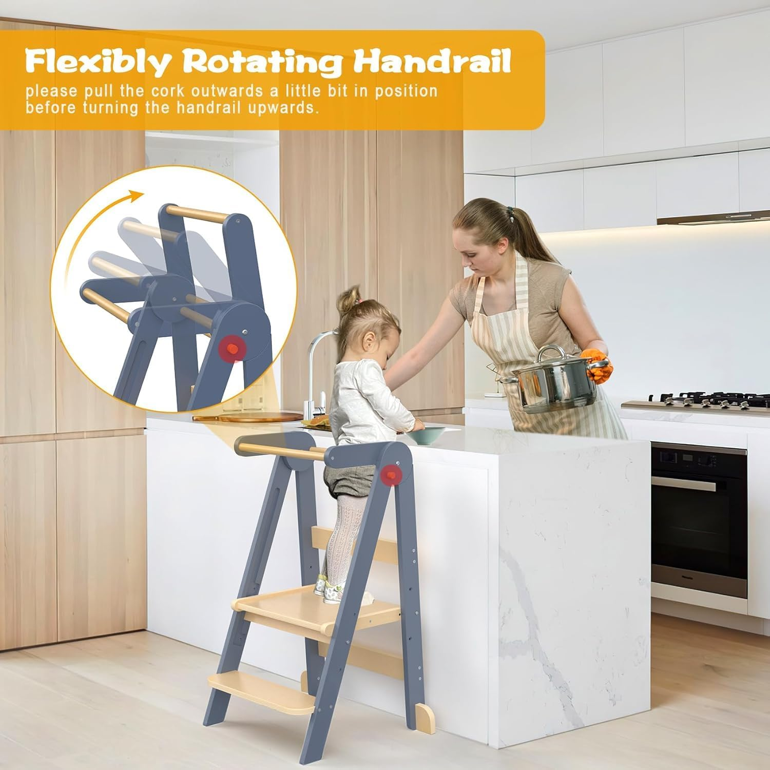 Forubar Learning Tower Toddler Tower, Foldable Learning Tower, Kids Step Stool with Adjustable Height, Kids Montessori Kitchen Bedroom Helper with Safety Rail (Grey) - Grey image number 1