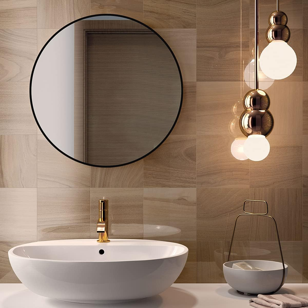 ANYHI round Wall Mirror, 50X50Cm Black round Mirror, Bathroom Mirror for Wall, Hanging Circle Mirror, Decorative round Wall Mirror, Wall Mounted Mirror for Bathroom, Bedroom, Entryways, Living Room image number 4