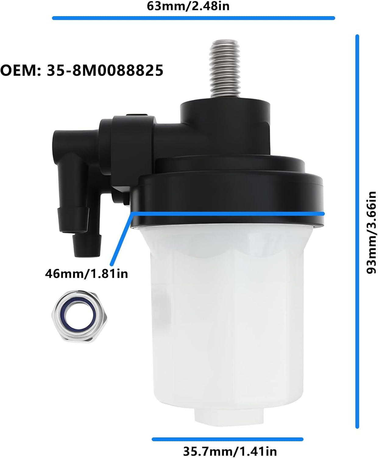 Emagtech 1Set Fuel Filter with Nut 35-8M0088825 Compatible with Mercury Mariner Tohatsu 25HP 30HP EFI Outboard Motors image number 4