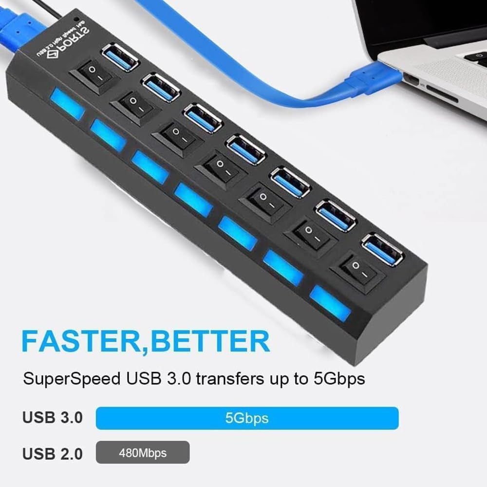 USB HUB,7 Port USB 3.0 HUB 5.0Gbps Data Transfer, with Independent LED Power Switch for XPS, PC, Flash Drives, Portable Hard Drives, Etc., image number 3