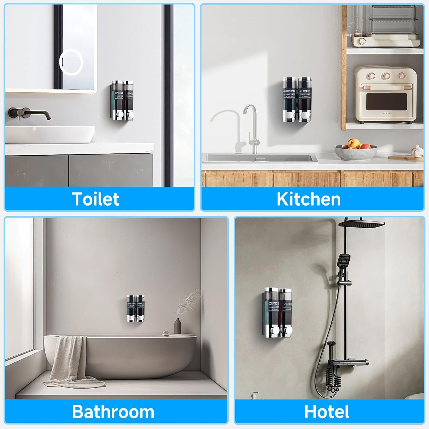 Shampoo and Conditioner Dispenser,Glintgath Shower Dispenser 2 Chamber No Drill Shampoo Dispenser for Shower Wall Mounted Shower Soap Dispenser for Bathroom Hotel,2 * 300Ml,Chrome image number 3