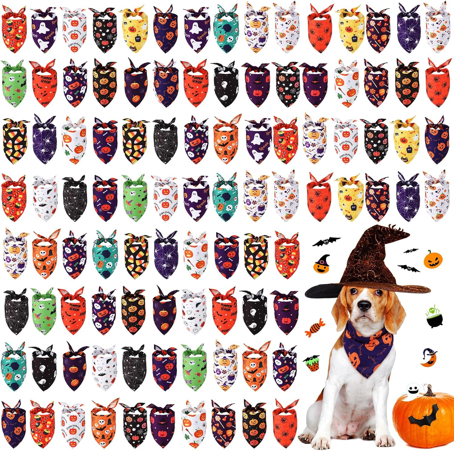 Sanwuta 100 Pcs Halloween Dog Bandanas Bulk Pumpkin Bat Spider Skull Pattern Dog Bandanas for Dogs Triangle Bibs Scarf for Small Medium Large Pet Christmas Costume Accessories(Large) image number 3