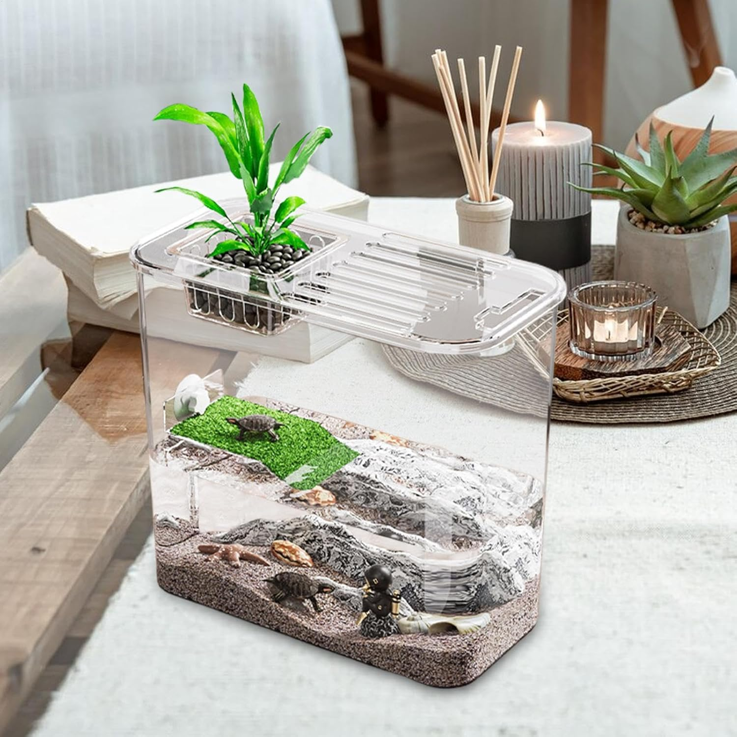 Turtle Aquarium, Creative Turtle Fish Terrarium, 12.2X11.02X6.1 Inches Clear Water Land Habitat Tank, Multi- Reptile Tank with Basking, Raising Cave for Aquatic Pets image number 1