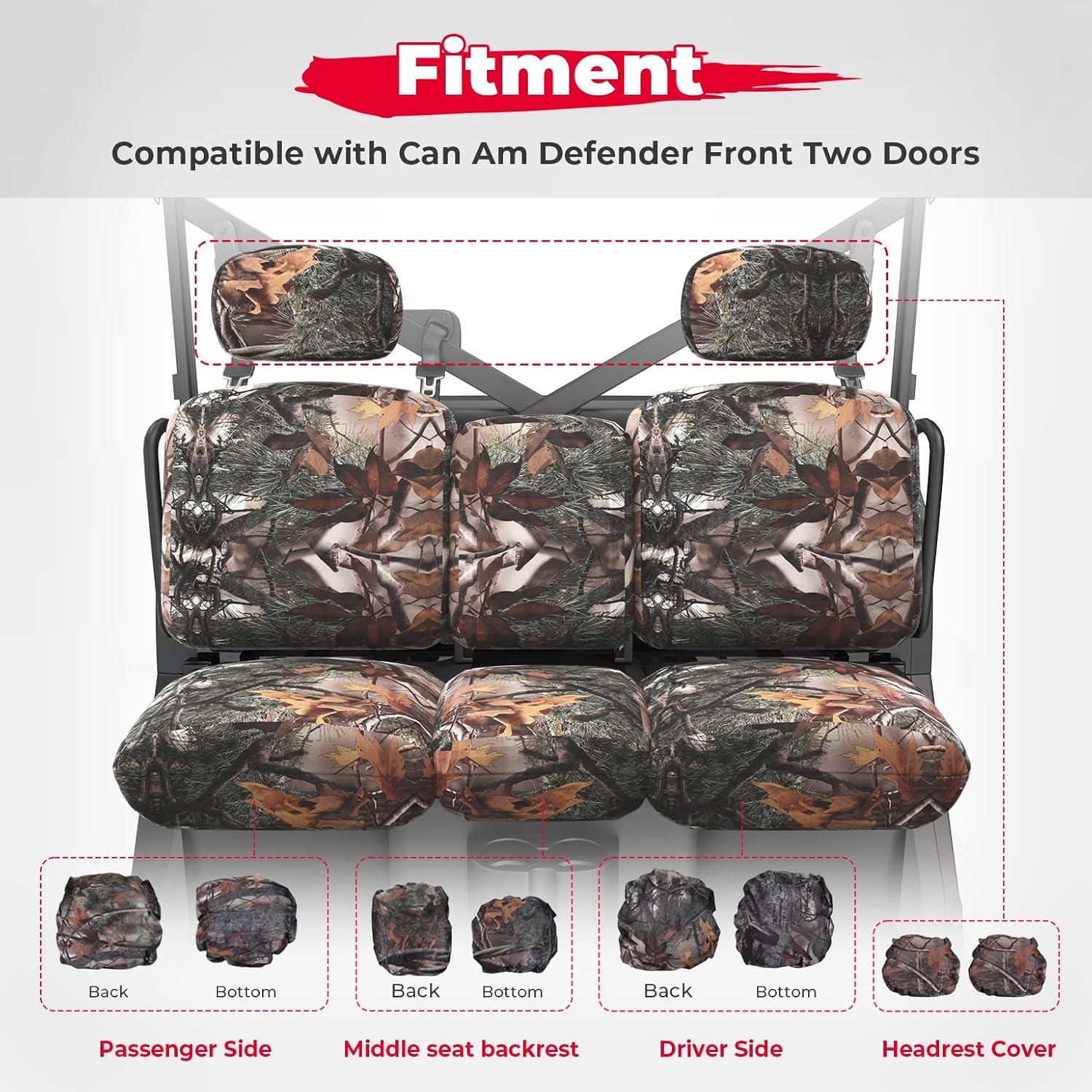 KEMIMOTO UTV Seat Covers Camo, Waterproof Repellent UTV Seat Cover Set W/Headrest Cover Compatible with Can Am Defender Front Two Doors Split Bench- Camo image number 5