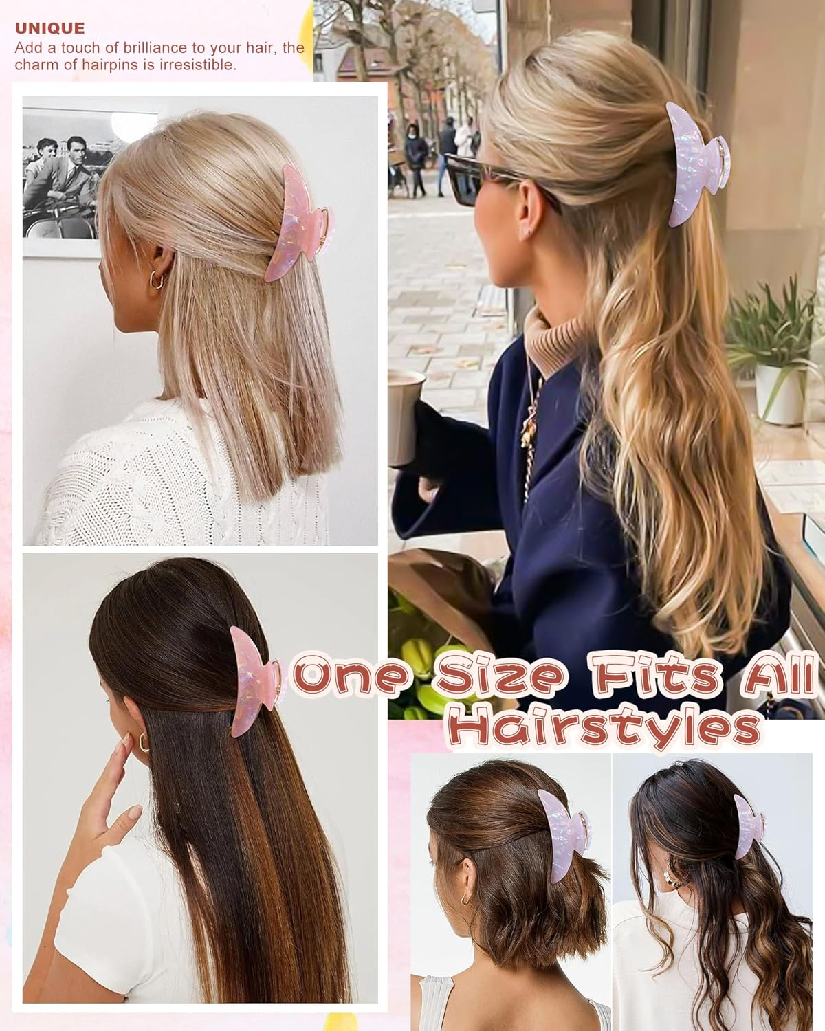 Kajeer Pack of 2 Hair Clips, Acrylic Metal Hair Clip for Women, Firm Hold Non-Slip Hair Clip, Crescent Moon Shape Hair Clips for Fine & Thick Hair (Iridescent Purple & Pearl Pink) image number 5