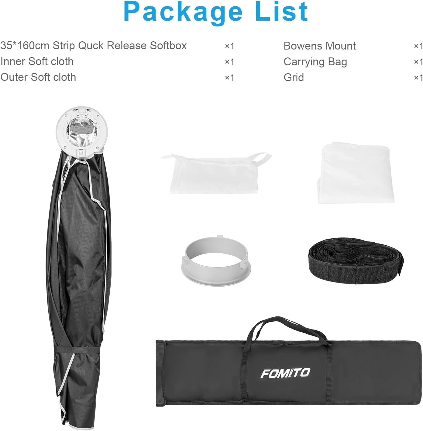 FOMITO 14"X63"/35X160Cm Rectangular Softbox, Quick Release Bowens Mount Softbox with Honeycomb Grid, Light Diffusers, Bag for Godox SL-60W SL60IID SL150R SL300R Aputure 120D Etc - 12"X47"/30*120Cm Softbox + Grid image number 6