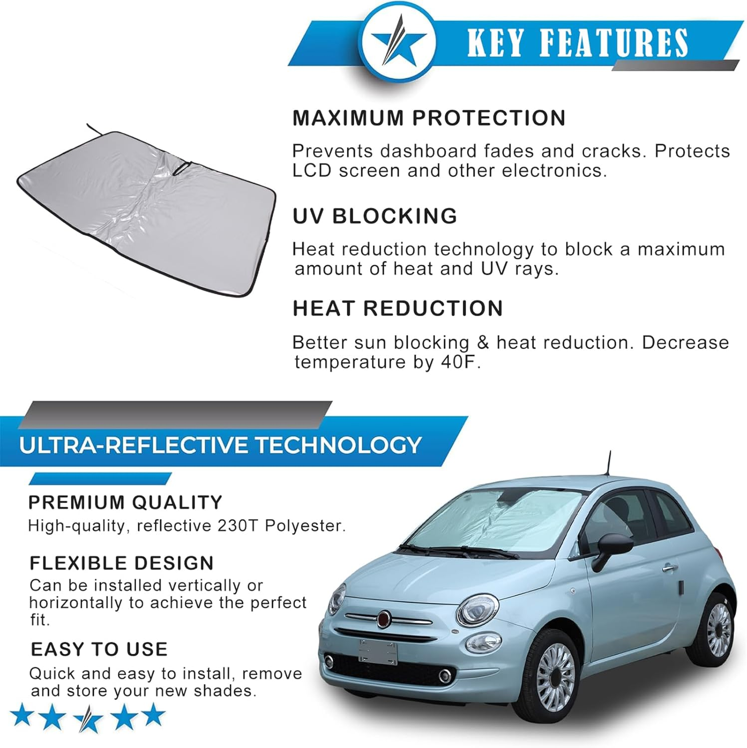 The Original Windshield Sun Shade Compatible with Fiat 500 2010-2024 Abarth 595 2014-2024 Car Windshield Reflective Sunshade Protector Sun Shade Accessories (Silver) image number 4
