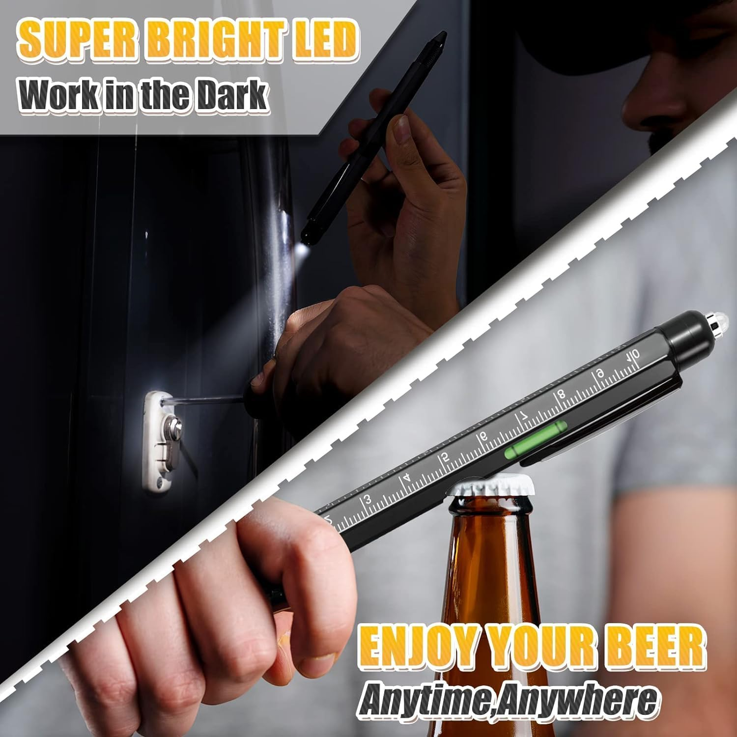 Multitool Pen 2-Pack - Multi-Tool Pens with LED Light, Flathead & Phillips Screwdrivers, Level, Ruler, Bottle Opener, and Stylus. Gift-Ready Box with Ink Refills & Batteries. Great for EDC image number 4