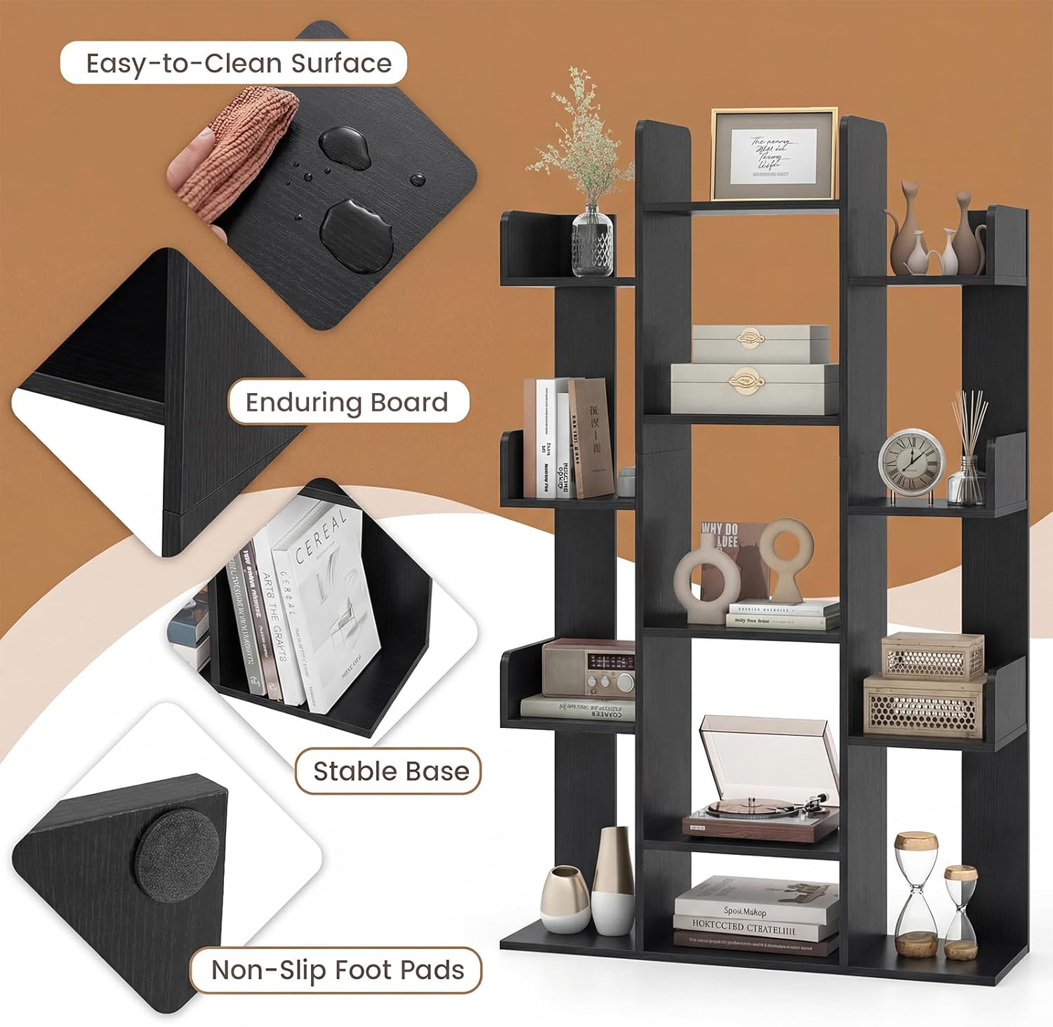 Giantex Tree Bookshelf, 141 Cm Tall Bookcase with 13 Open Shelves, Corner Books Storage Organizer, Freestanding Decorative Display Cube Shelf for Living Room, Study or Office - Black image number 2