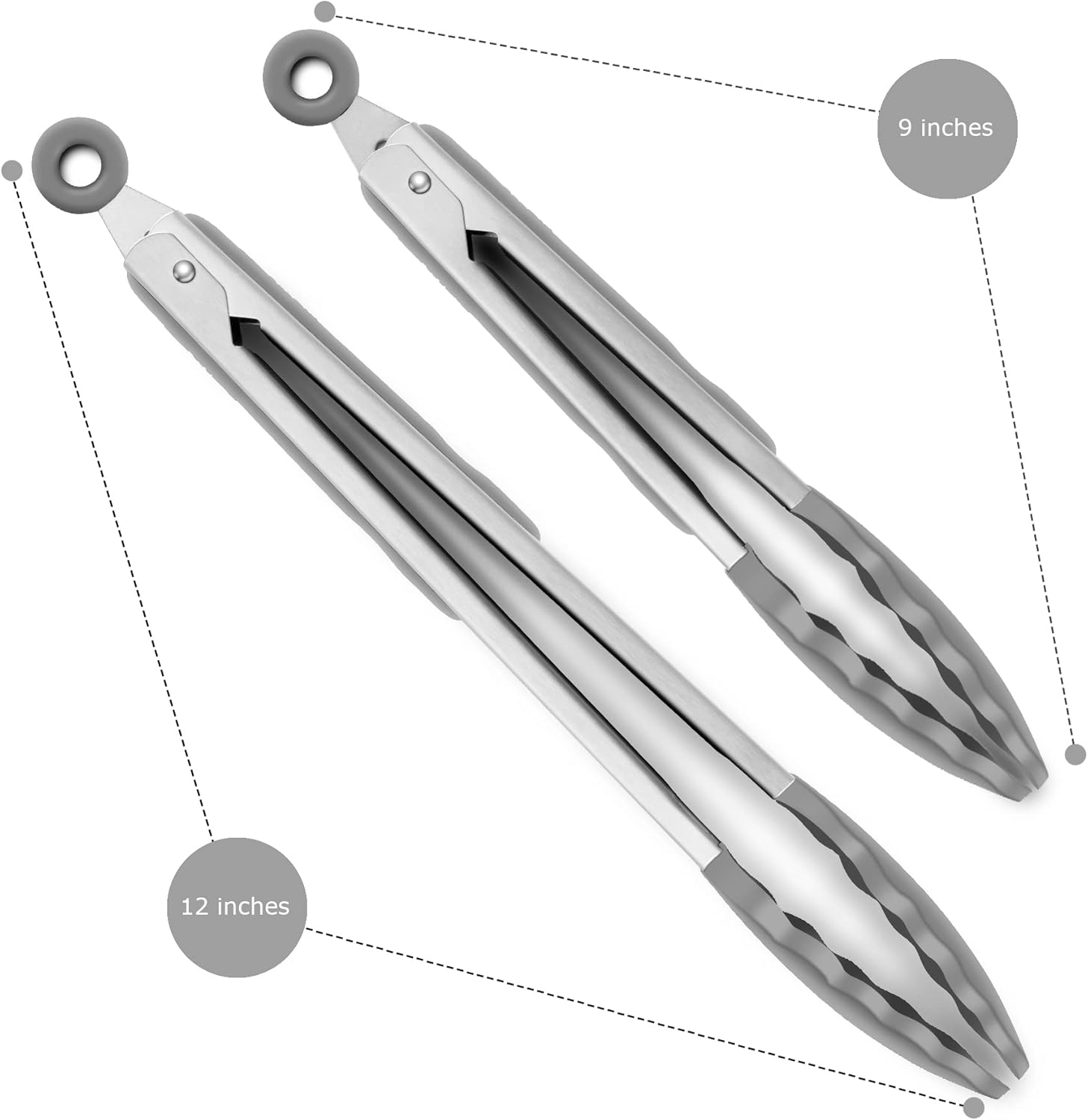 Premium Stainless Steel Food Tongs, 9-Inch & 12-Inch Grey Silicone BPA Free Non-Stick BBQ Cooking Grilling Locking Kitchen Tong image number 4