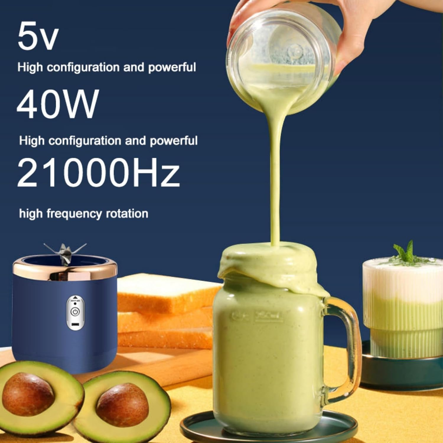 Portable Blender, Wireless Juicer, USB Rechargeable Smoothie Blend with 6 Sharp Blades and Double Cup, Travel Lid, Waterproof Blender for Kitchen with Seal Cover, for Outdoor Office Travel (Blue) image number 5