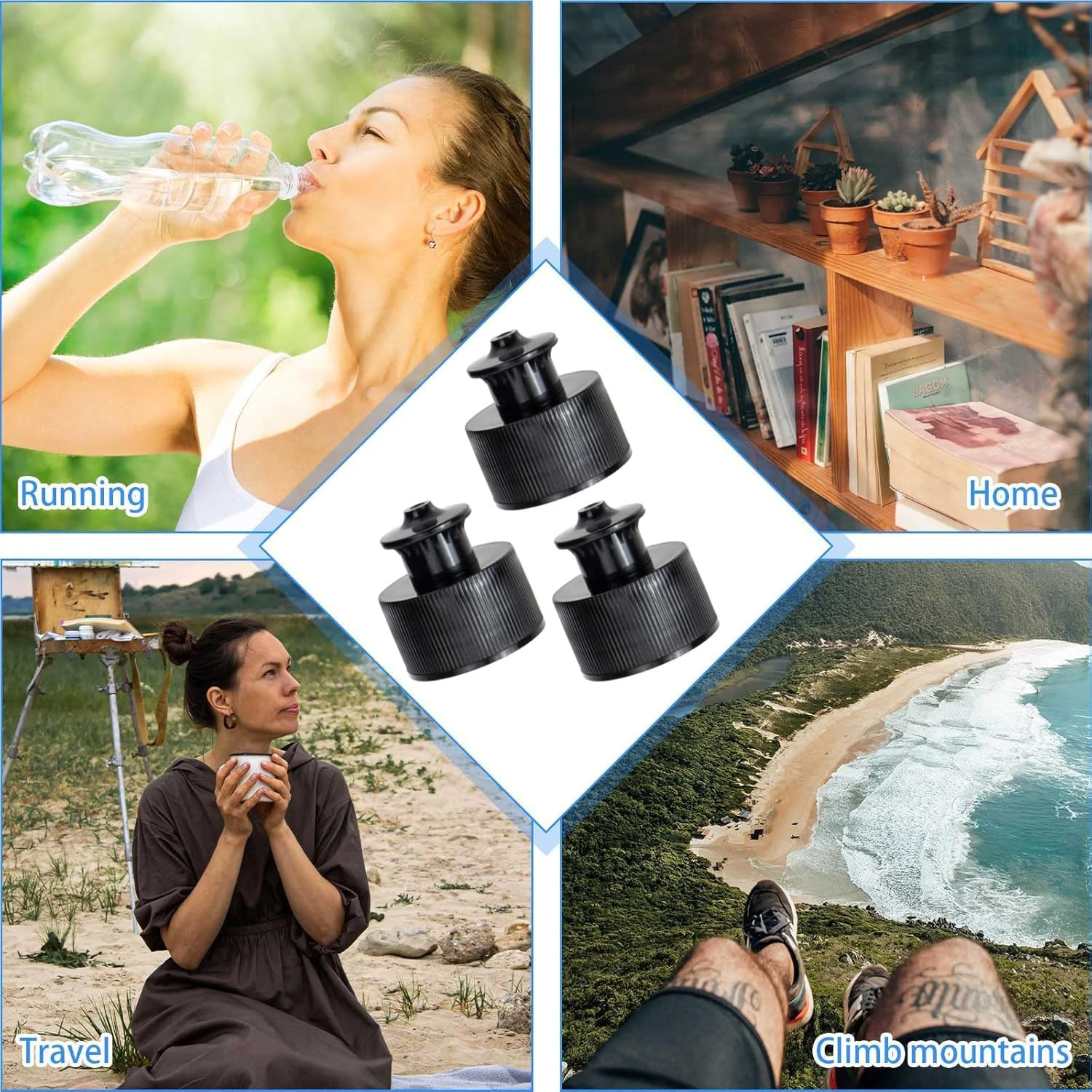 Plastic Push Pull Replacement Bottle Caps, Pack of 30, White Sports Water Bottle Cap Water Bottle Lid Replacement Water Bottle Accessories Empty Refill Bottle Caps - Black image number 6