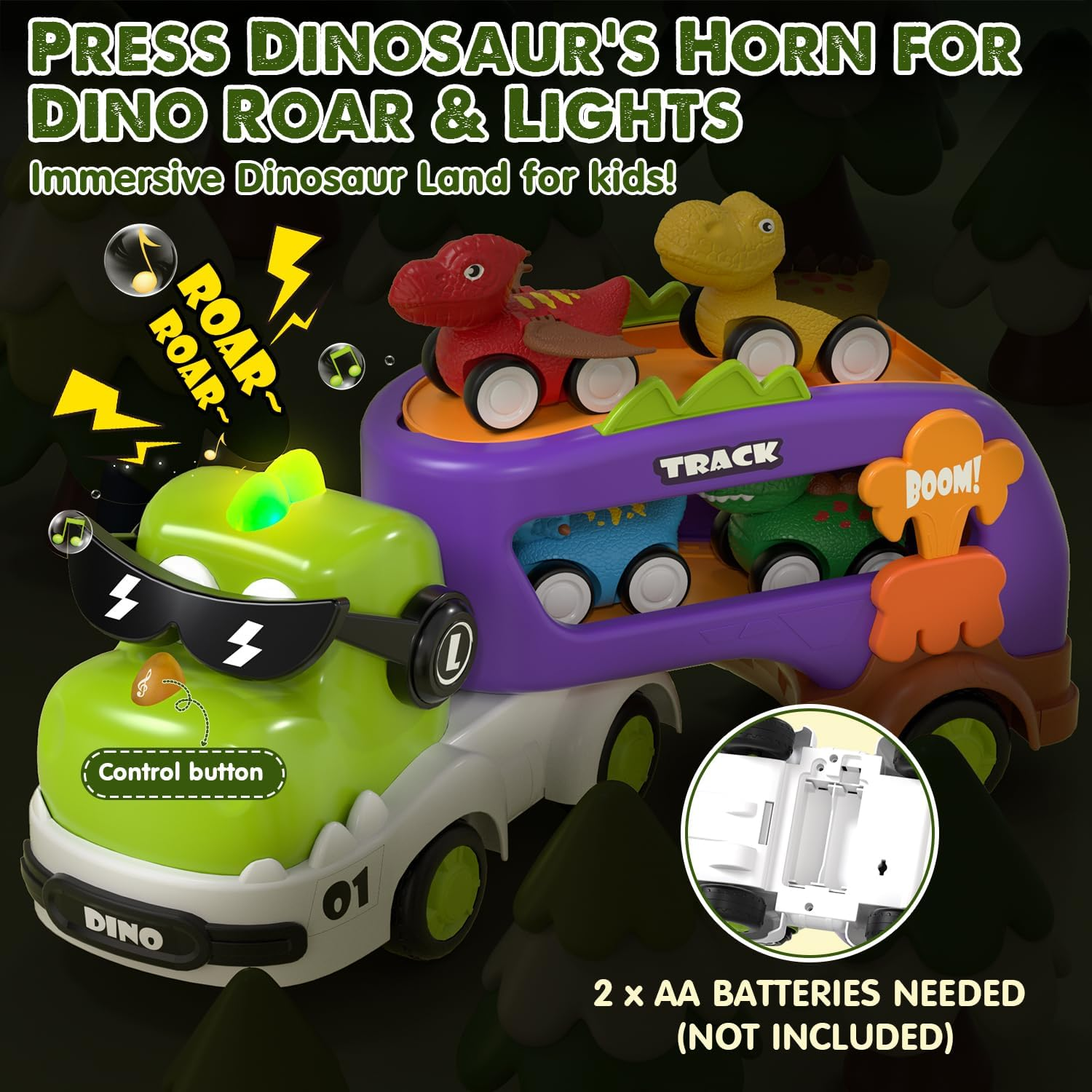 Lehoo Castle Dinosaur Toys for 2 Year Old Boys, 2 Year Old Boy Gifts, Monster Truck Toy Cars, 5 in 1 Friction Power Transport Vehicle Toys with Light and Sound 4 Pull Back Cars image number 5