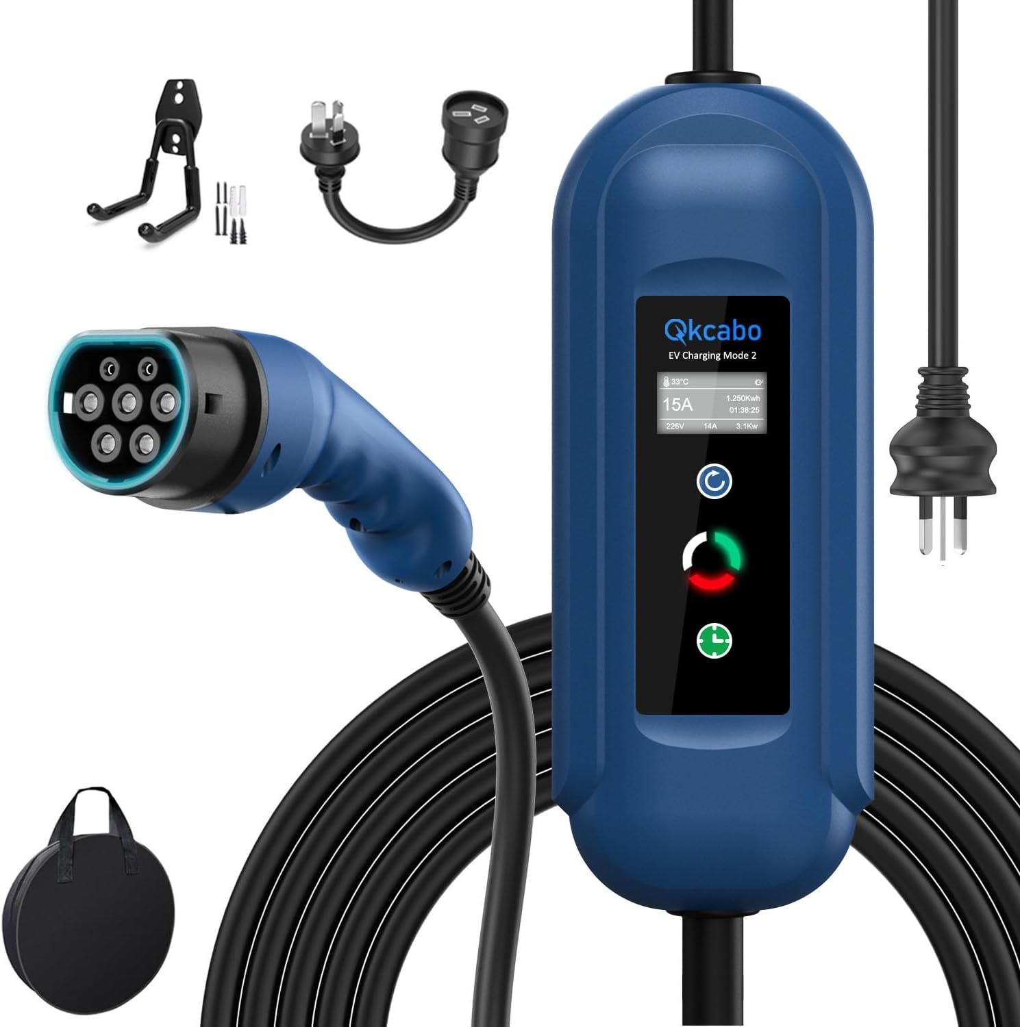 Qkcabo Type 2 Electric Vehicle Charger 15A EV Charger 240V, 7.5 Meters, 8/10/13/15A Adjustable, IEC 62196-2 Mennekes Portable EVSE EV Charging Cable Station for Tesla/Byd/Mg/Cupra/Polestar
