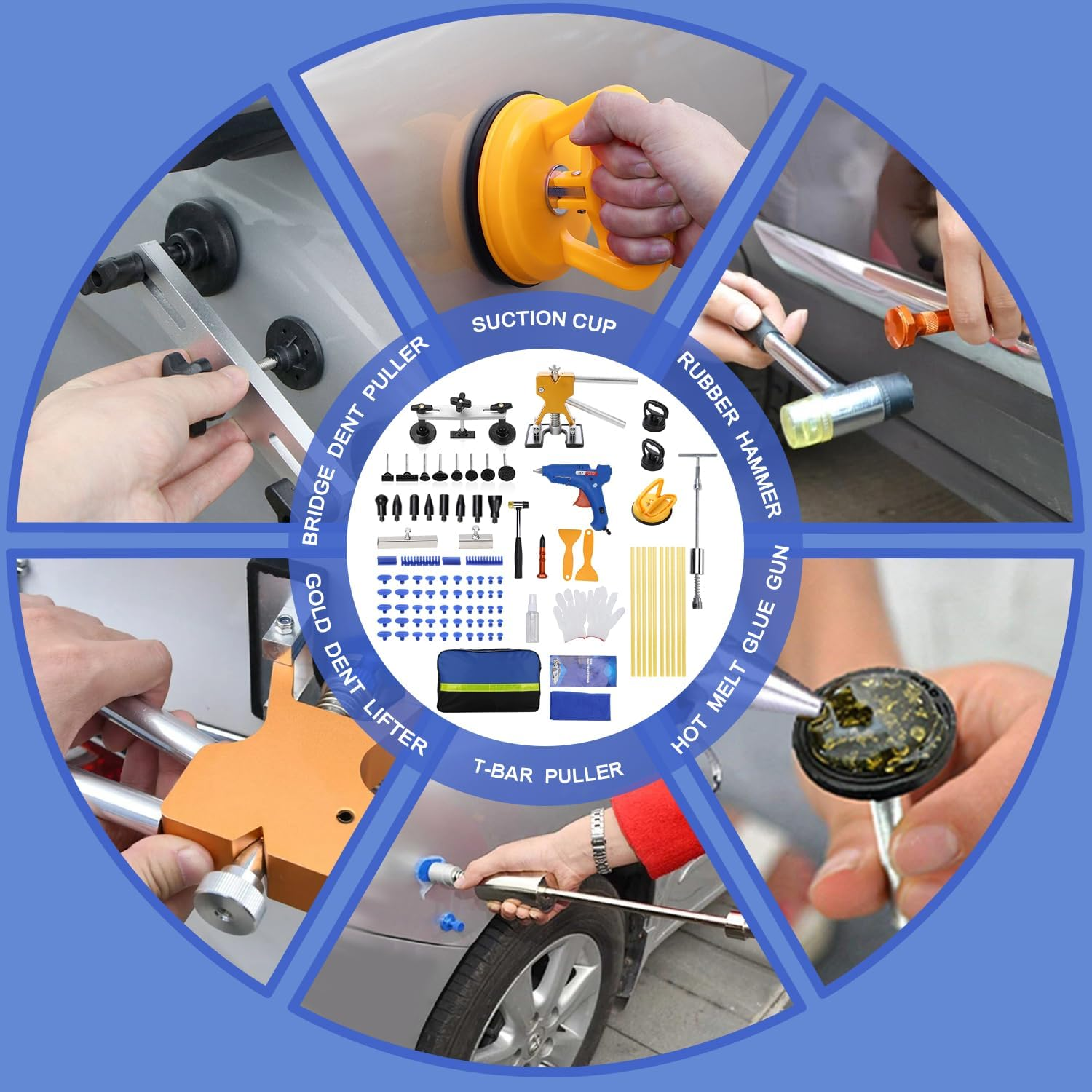 ROADGIVE 97PCS Auto Body Dent Repair Tool Kit, Paint-Friendly Dent Repair Kit with Golden Lifter, Slide Hammer T-Bar Dent Puller, Bridge Puller, Suction Cup and Glue Gun for Car Dent Remove Tools Kit