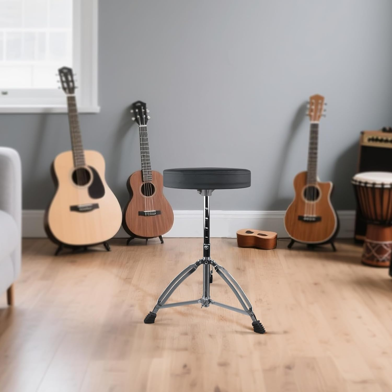 Yazoni Drum Throne Heavy Duty - 40-58Cm Height Adjustable, Padded Seat Drummer Stool, Drum Seat with 2 Packs 5A Drumsticks Double Braced Anti-Slip Feet, 360&deg; Swivel Guitar Chairs for Kid and Beginner image number 5