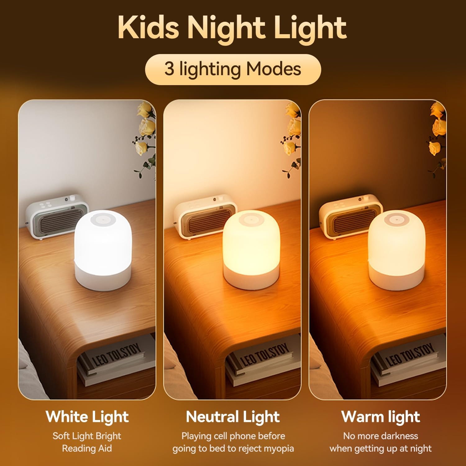 Baby Night Light for Kids 3 Lighting Modes Touch Light USB Rechargeable Lamp Portable Light for Bedroom image number 3