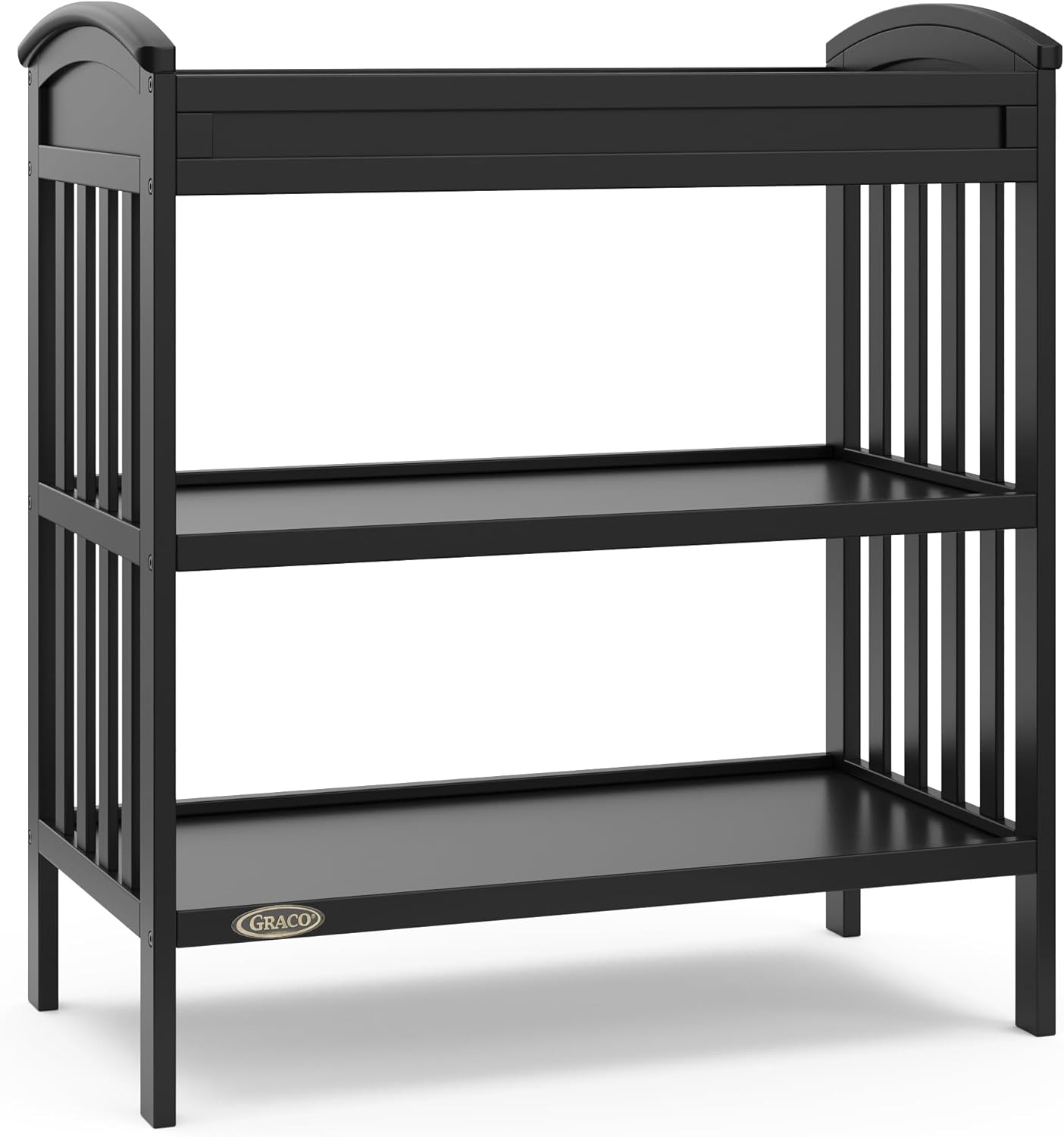 Graco Benton Changing Table with Bonus Water-Resistant Changing Pad (Black) - GREENGUARD Gold Certified, Includes Diaper Change Pad with Safety Strap, 2 Open Storage Shelves for Organizing