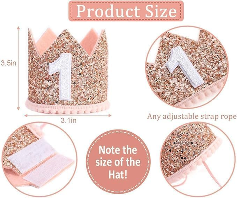 Baby First Birthday Crown, 1St Happy Birthday Decorations Birthday Party Favors, Infant Glitter Birthday Crown Photo Booth Props Photography Props First Birthday Outfit Girl Boy(Pink) image number 1