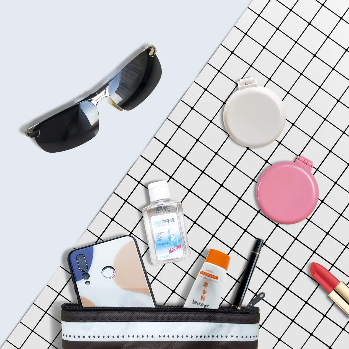 Folding Hair Brush with Mirror for Purse/Pocket,Round Mini Compact Massage Comb for Girls and Women (Black+White)