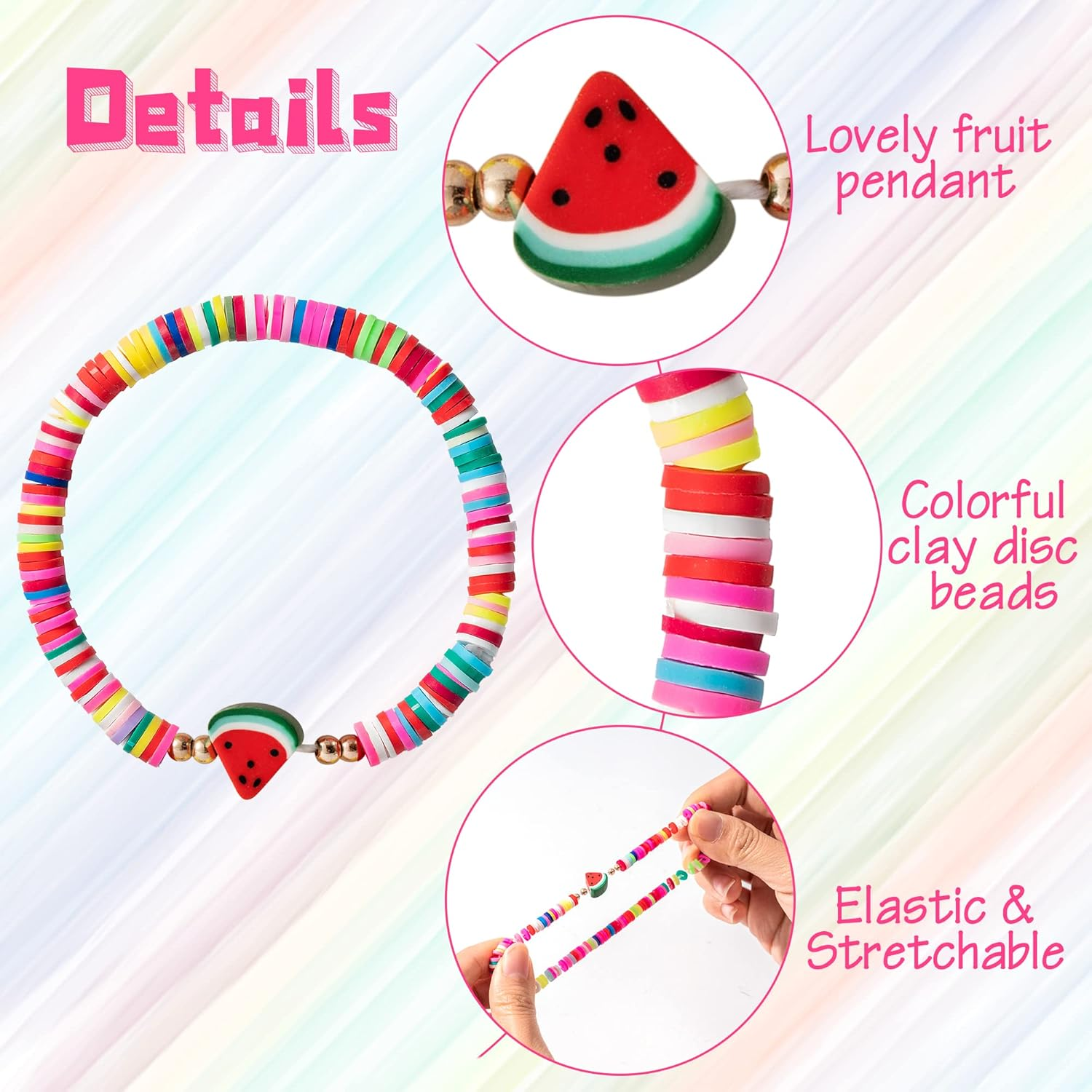 JAPBOR 12Pcs Fruit Clay Bracelets, Colorful Surfer Disc Beaded Stretch Rope Bracelet for Girls Kids, Friendship Elastic Boho Women Child Play Jewelry Charms for Summer Beach Birthday Vacation Favor, image number 2