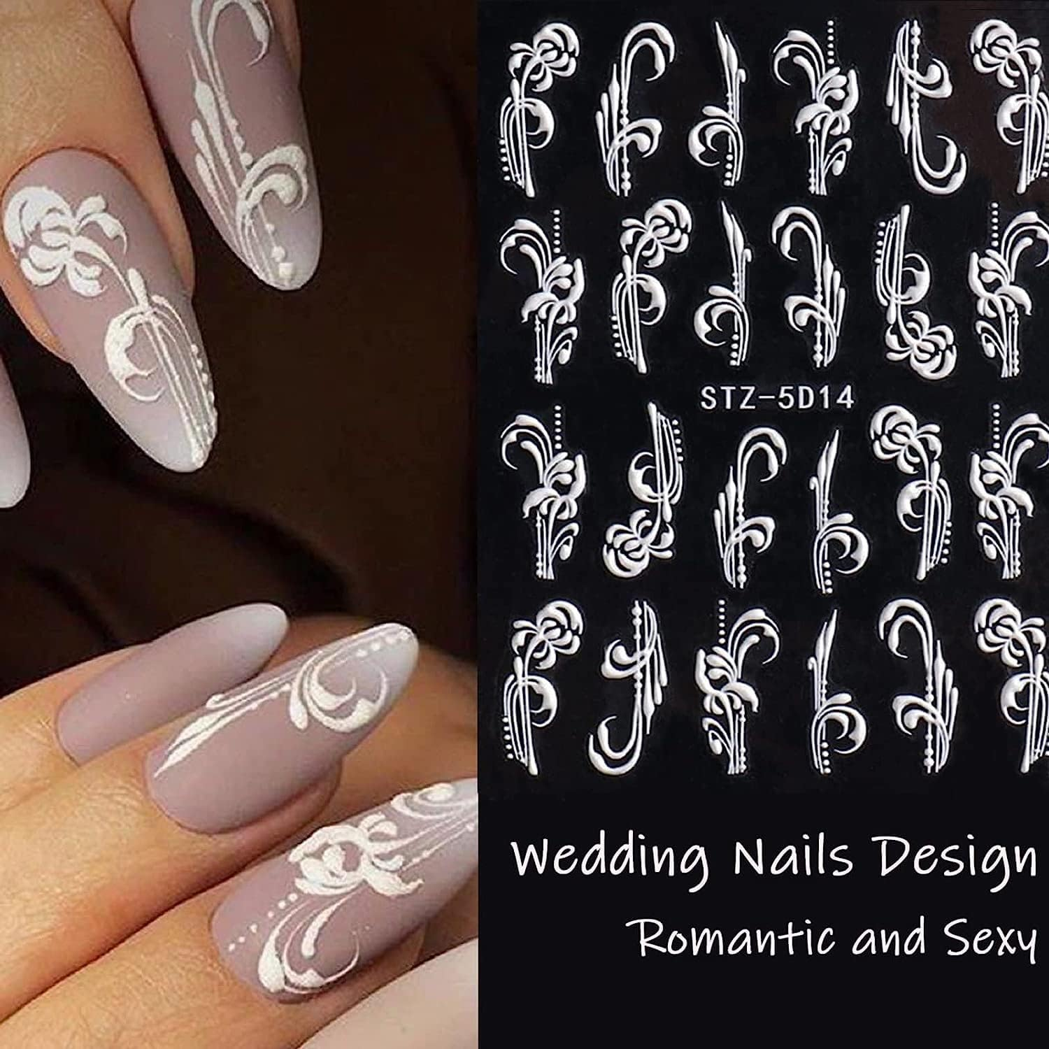 Flower Nail Art Stickers Decals, 8 Sheets 5D Engraved Flower Nail Decals White Wedding Nail Art Accessories French Tips Nail Designs Self Adhesive Lace Flower Carving Nail Stickers for Women Girls image number 2