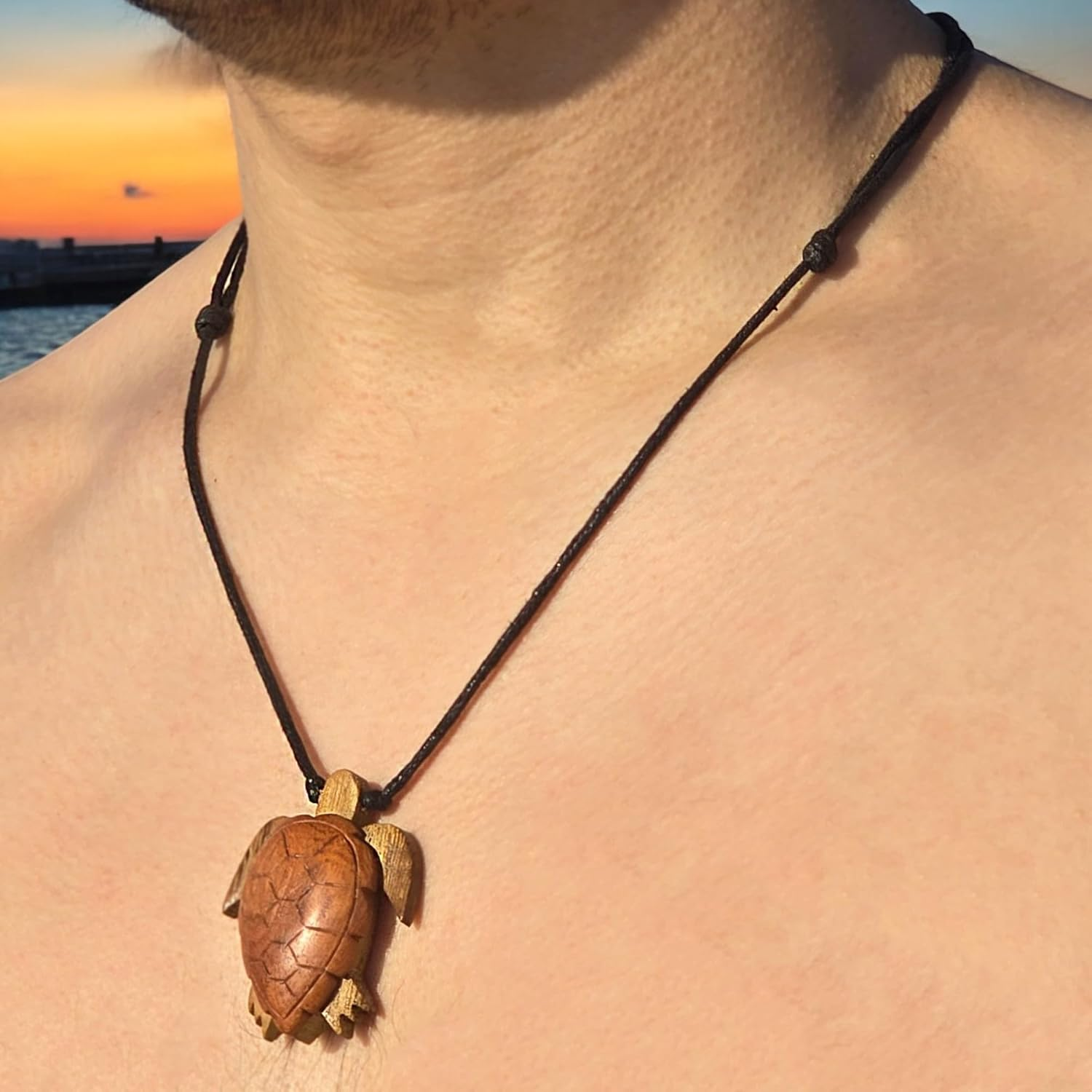 Bluerica Hand Carved Wood Sea Turtle Pendant on Adjustable Black Rope Cord Necklace, Wood Natural-Fiber image number 3