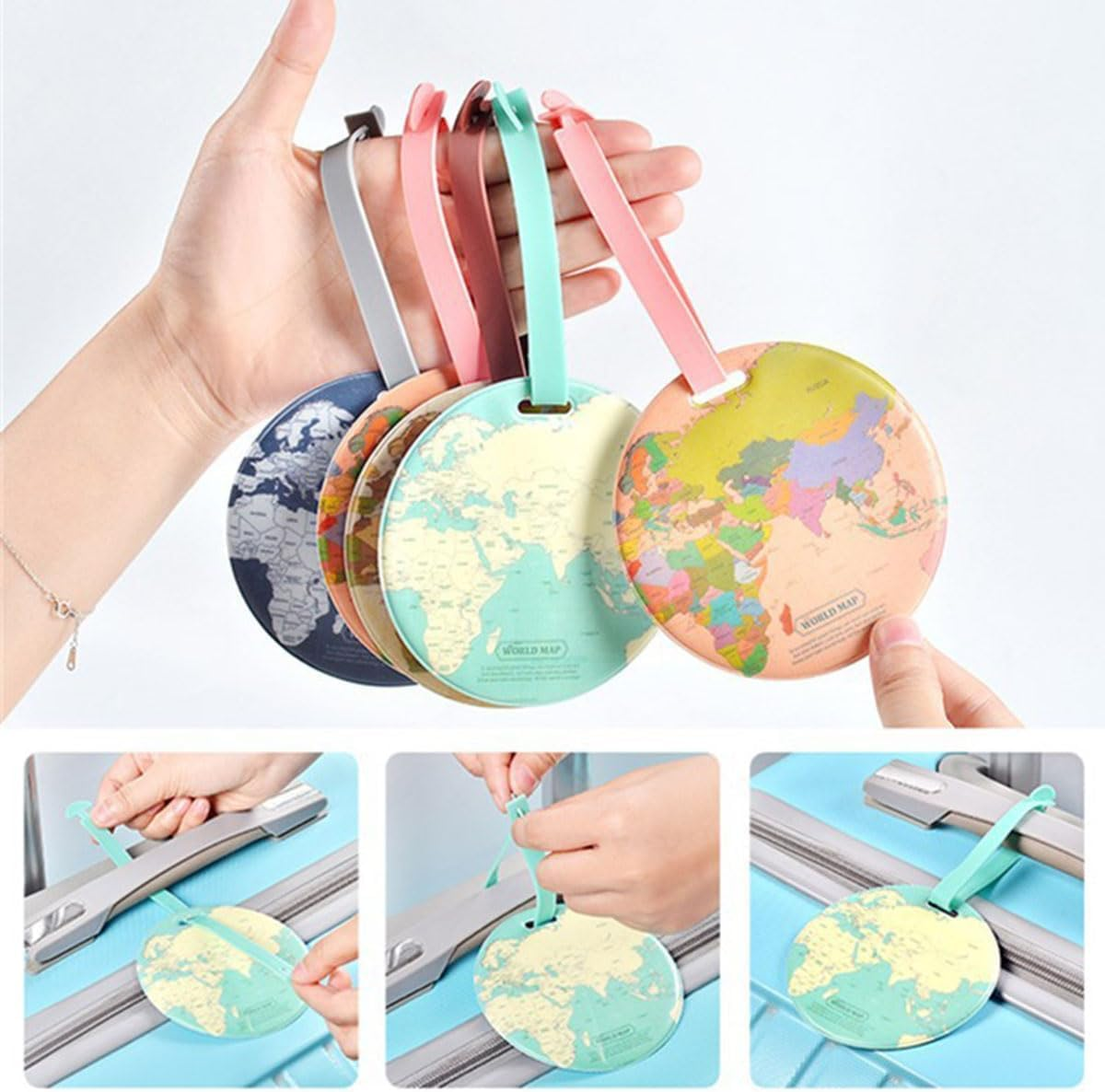 PVC World Map Luggage Tags Suitcase Tags, 4Pcs World Map Travel Luggage Suitcase Labels, round World Map Travel Luggage Tags image number 4