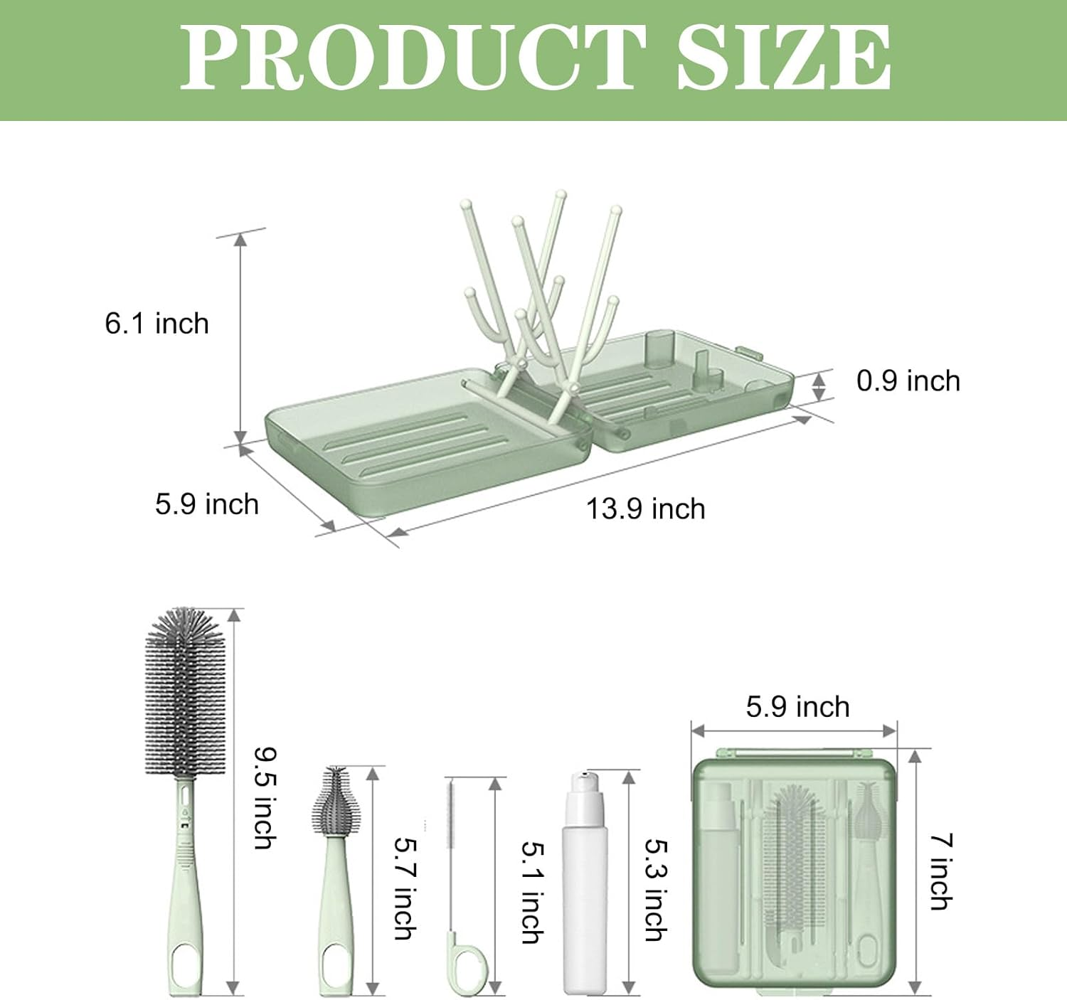 Bottle Brush Set -Baby Travel Essential-6 in 1 Bottle Cleaner Kit with Silicone Bottle Brush,Nipple Cleaner Brush,Straw Brush,Soap Dispenser,Storage Box,Bottle Drying Rack for Home and Travel(Green) image number 3