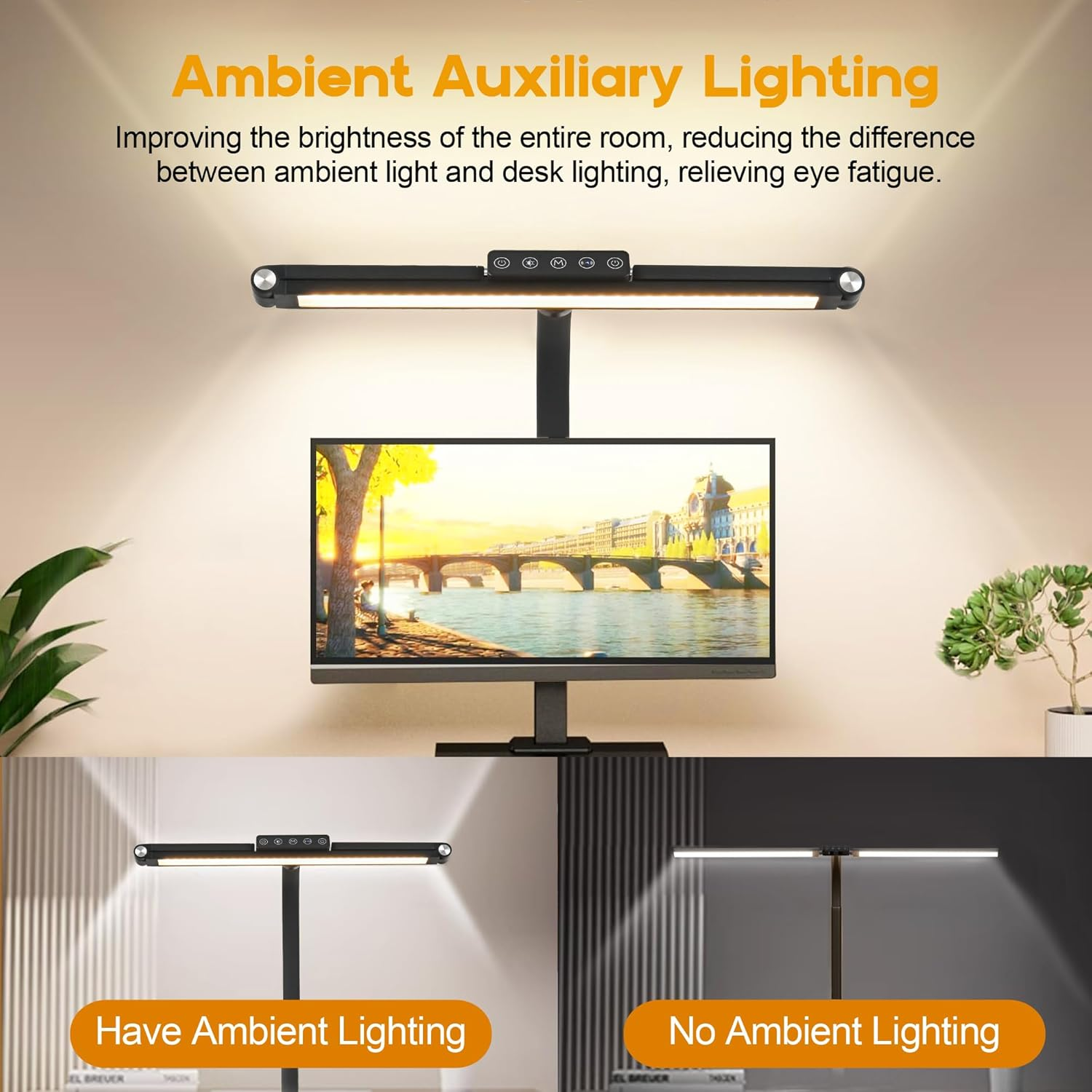 Anyuainiya LED Desk Lamp with Clamp, Architect Desk Lamp for Home Office with Atmosphere Lighting, 24W Ultra Bright Human Body Sensor Dimmable Computer Table Light Rotatable Office Lamp with Base