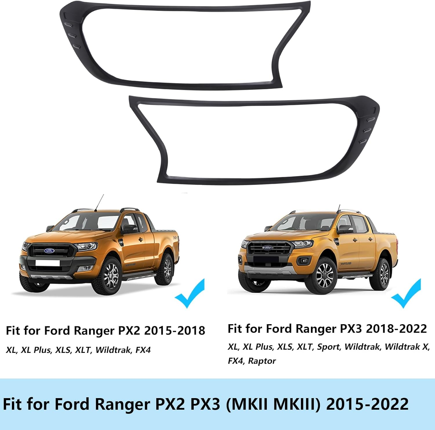 SUERAUTO4X4 for Ford Ranger Accessories PX2 PX3 2015-2022 Headlight Cover Trim, Front Head Light Lamp Surround Frame Trims Guard Protector Car Exterior, Matte Black Pair image number 5