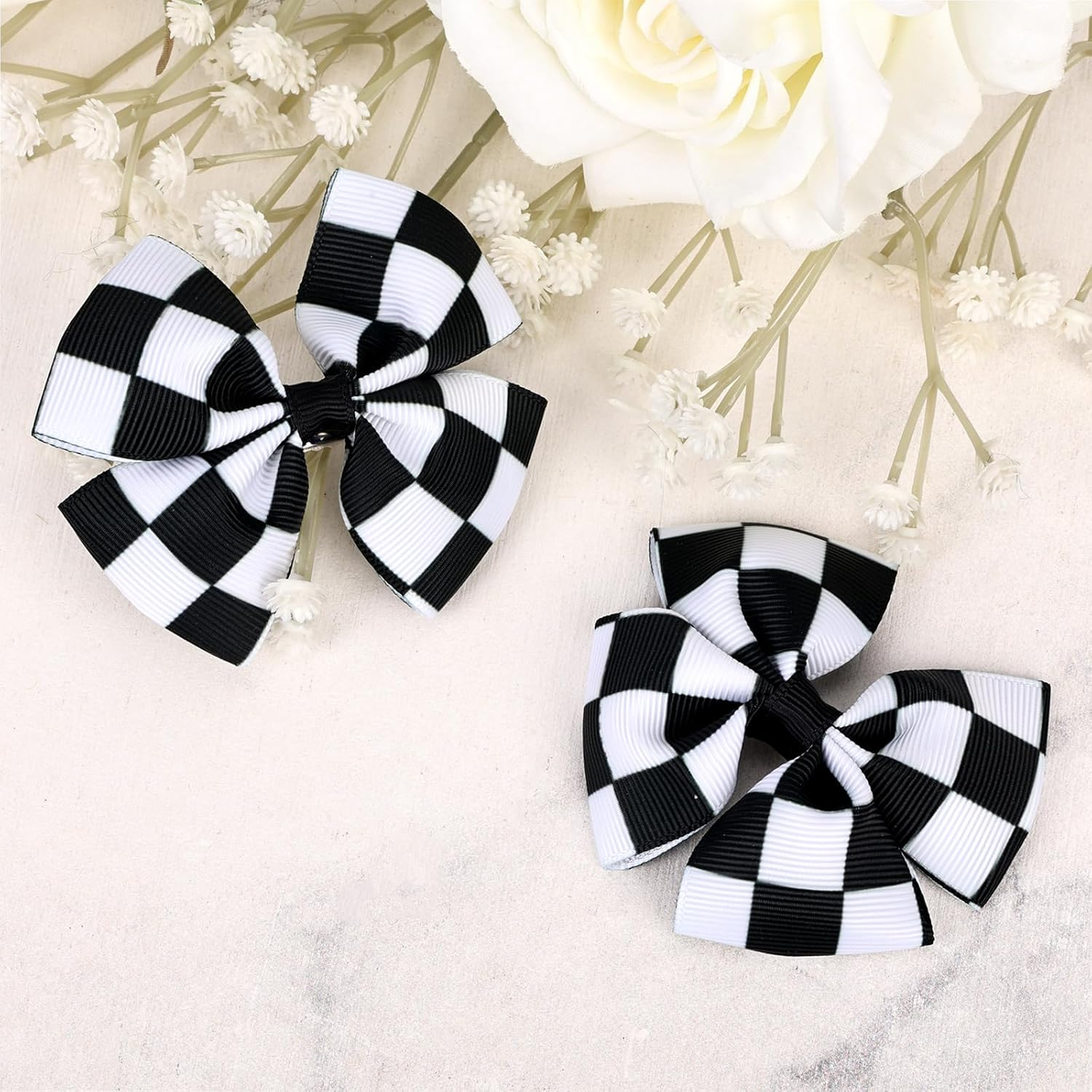 2Pcs Racing Checkered Flag Bow Clips, Hair Bow Clip Black and White Racing Fan Pigtail Hair Clips Hair Accessories Racing Checkered Styling for Kids Women Girls Thick Thin Hair image number 4