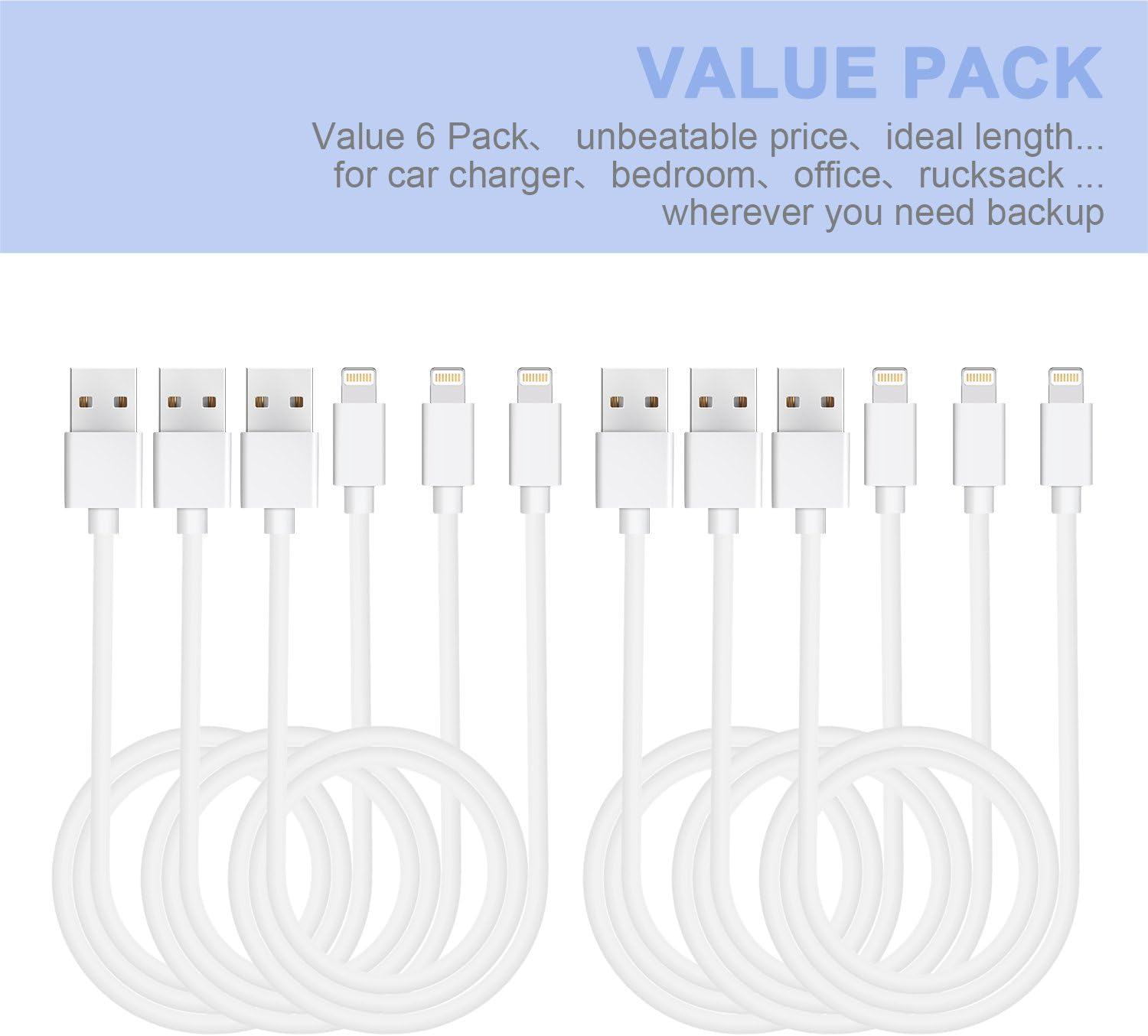 Sundix Iphone Charger Cable, 6Pack 3FT/1M USB Charging Cord Compatible with Iphone 13/13Promax/13Mini/12/12Pro/12Promax/11/11Pro/11Pro MAX/XS/XS Max/Xr/X/8/8Plus image number 5