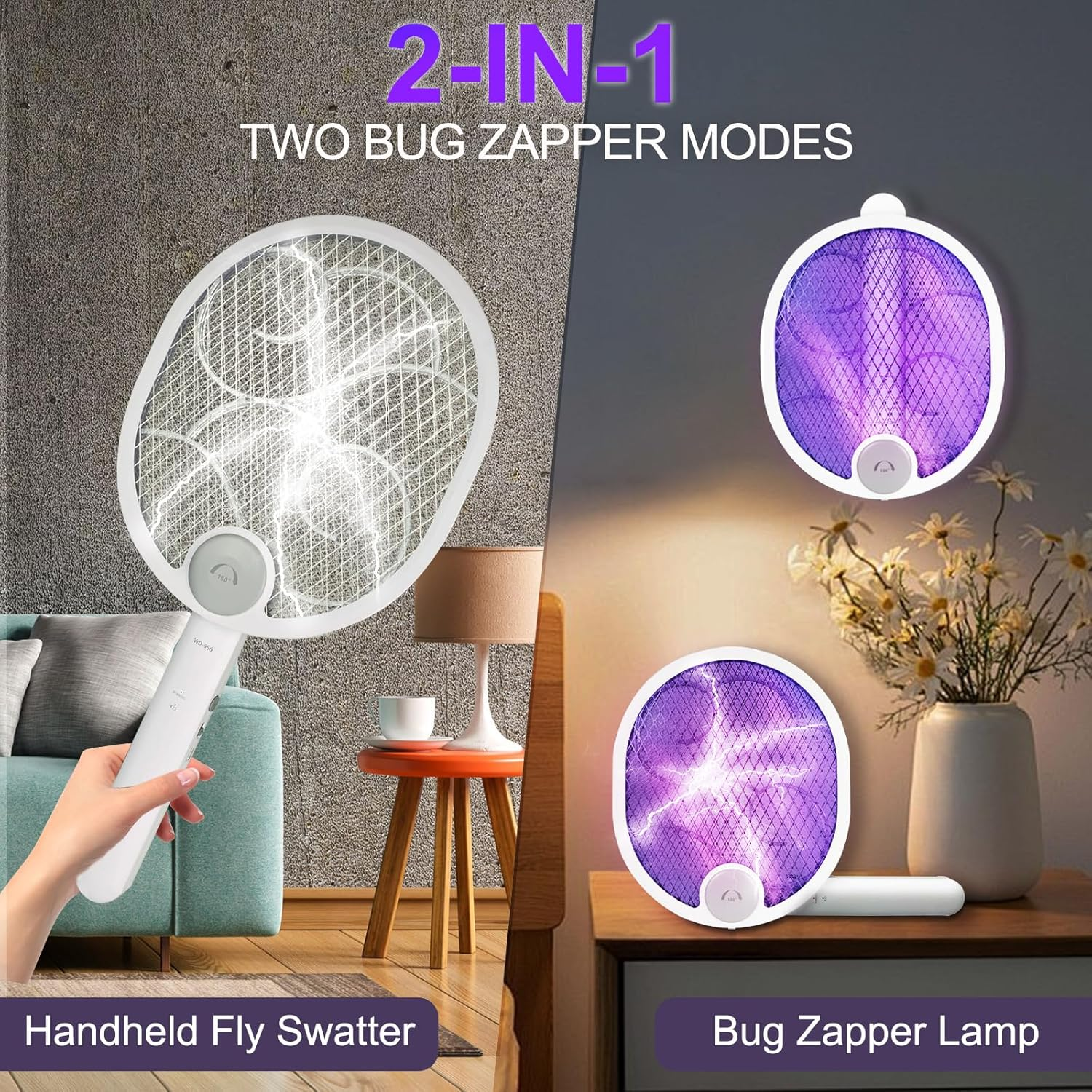 Foldable Electric Fly Swatter Racket, USB Rechargeable with 1200Mah Battery, Large 2 in 1 Bug Zapper Racket, Fly Killer and Mosquito Trap Lamp, for Indoor and Outdoor Home Backyard Patio Camping image number 3