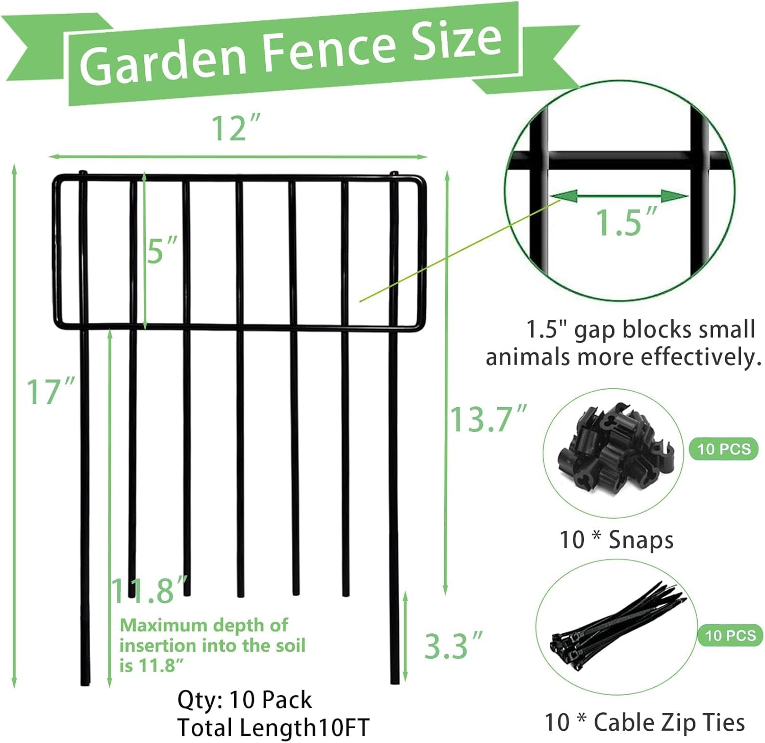 Thrivinest 10 Pack Animal Barrier, No Dig Decorative Fence, 17In(H) X10Ft(L) Rustproof Metal Small Garden Fence Border for Dogs Rabbits, Bottom Blocker for Outdoor Yard Patio image number 1