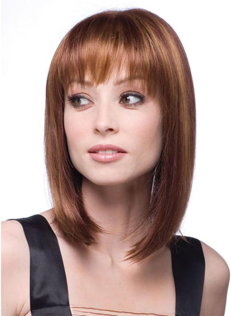 AUBWIG Mixed Brown Bob Wig with Fringe, 15 Inches, Natural Short Straight Wigs for Women, Medium Length Bob Hair, Synthetic Wigs for Daily Use (Mixed Brown #03B) image number 4