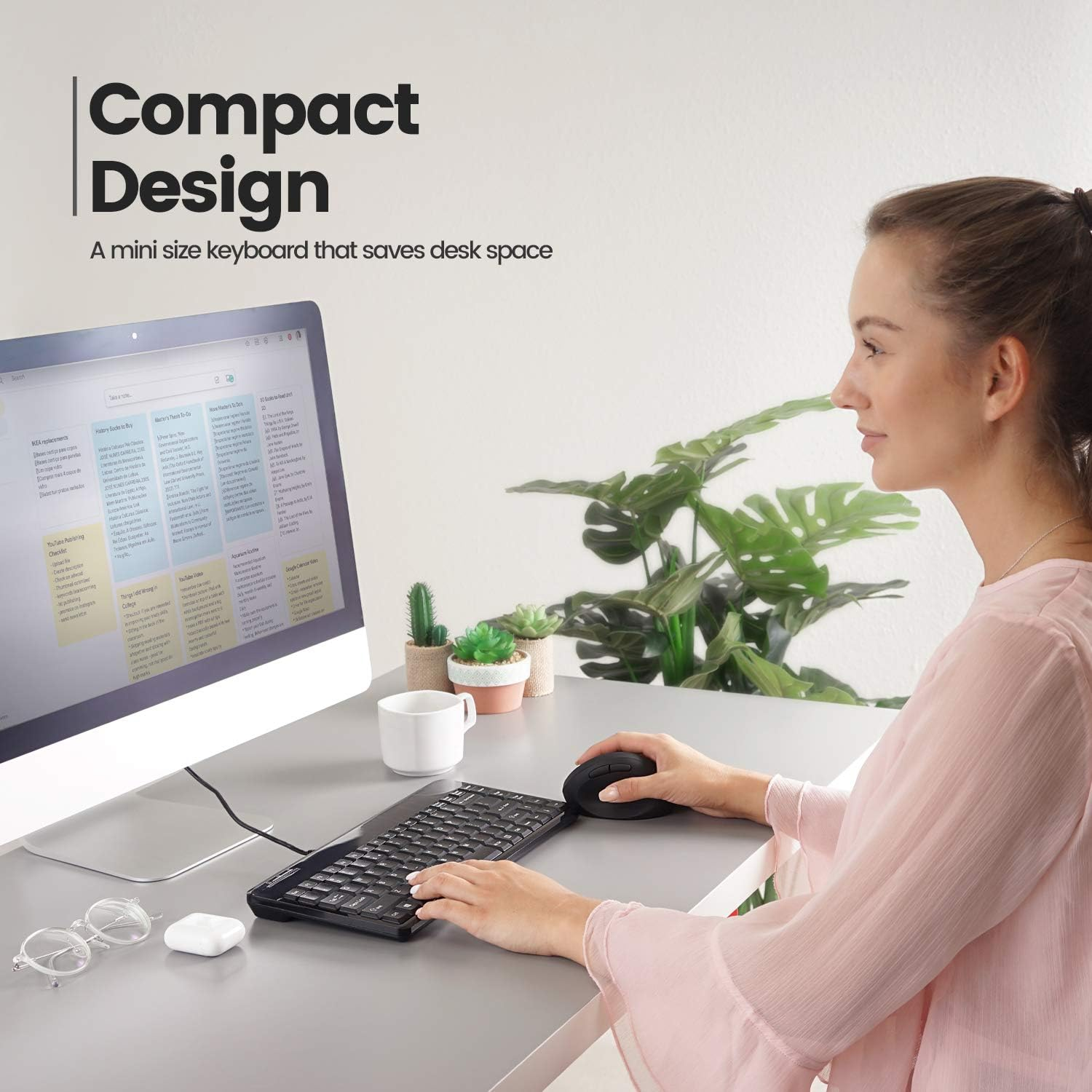 Perixx PERIBOARD-409H Wired USB Mini Keyboard with 2 USB Hubs, Black, US English Layout image number 3