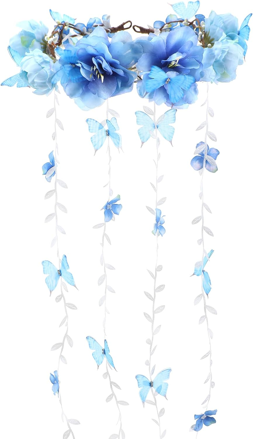 Partyforu Blue Flower Crown Headpiece for Women, Flower Headband with Butterfly, Bohemian Vine Crown, Hippie Flower Headpiece for Wedding, Party, Bridal Shower, Renaissance image number 6