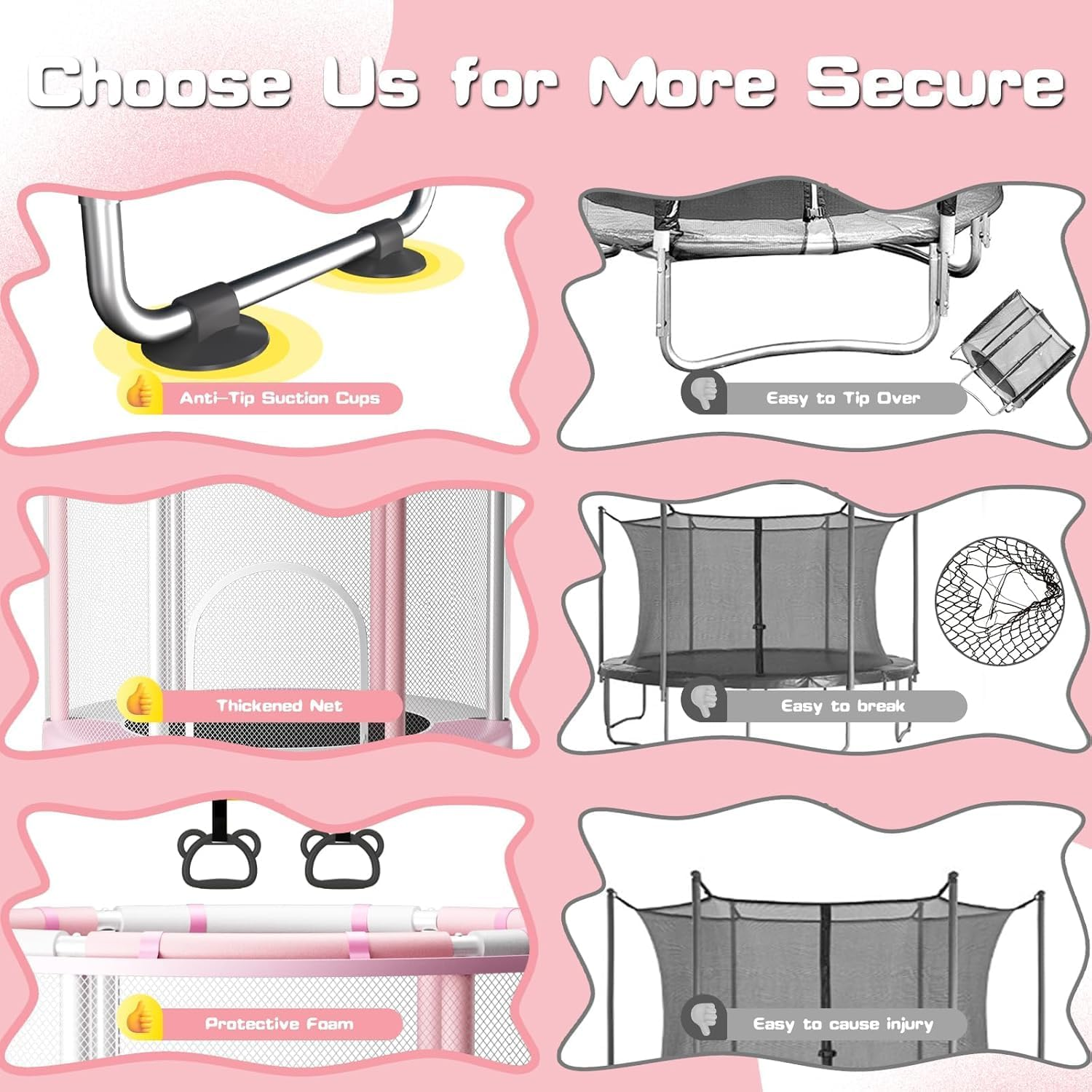 60" Trampoline for Kids with Enclosure, 440Lbs Capacity Indoor & Outdoor Toddler Trampoline with Adjustable Gymnastics Bar & Toys, for Boys & Girls - Pink image number 6