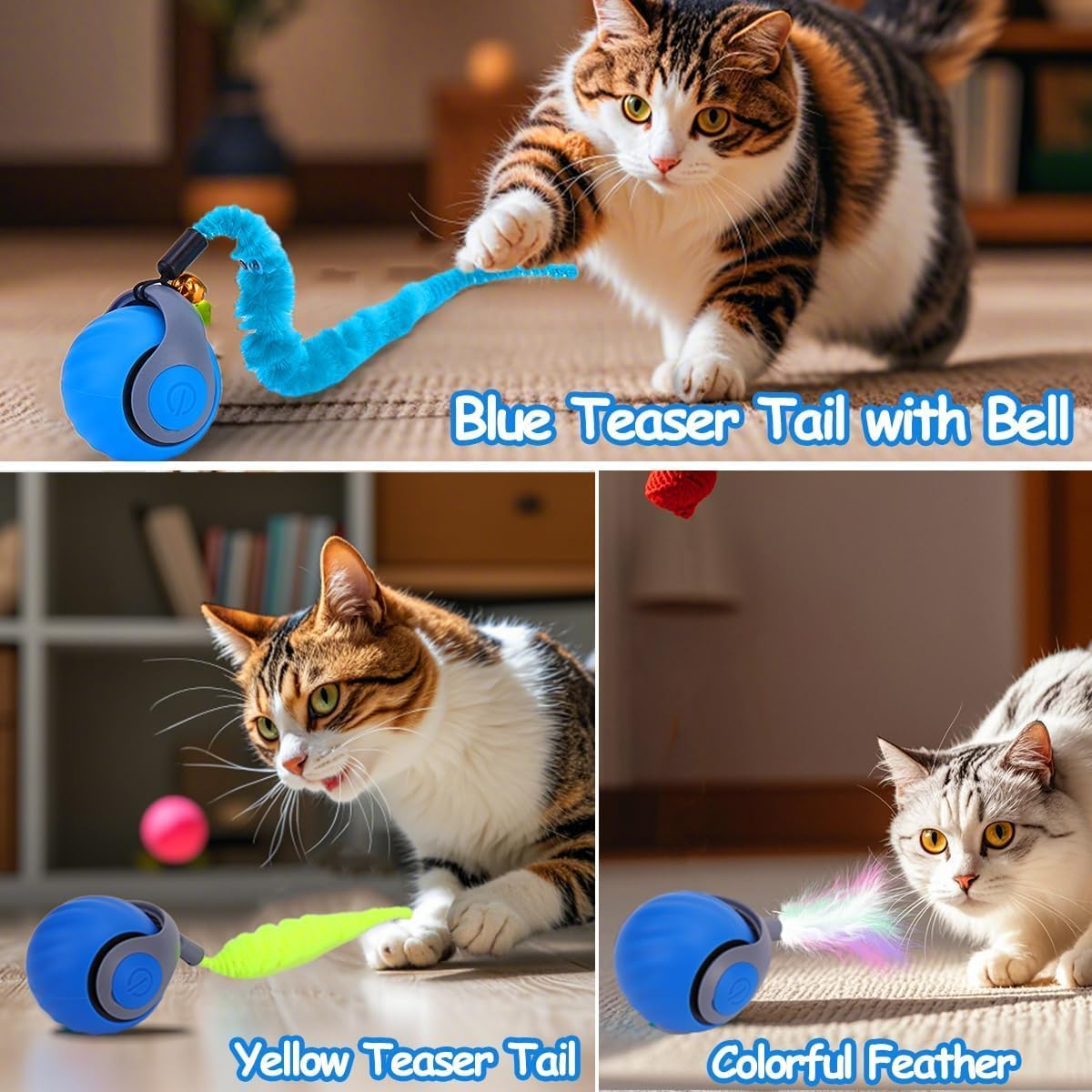 APEXORIGIN 2 PCS Interactive Cat Toy Ball, Automatic Cat Toys for Indoor Cats - Speedy Kitten Toys for Indoor Cats with Feather Tails for Chasing, Two Modes & One-Click Switching (Blue and Orange) image number 4