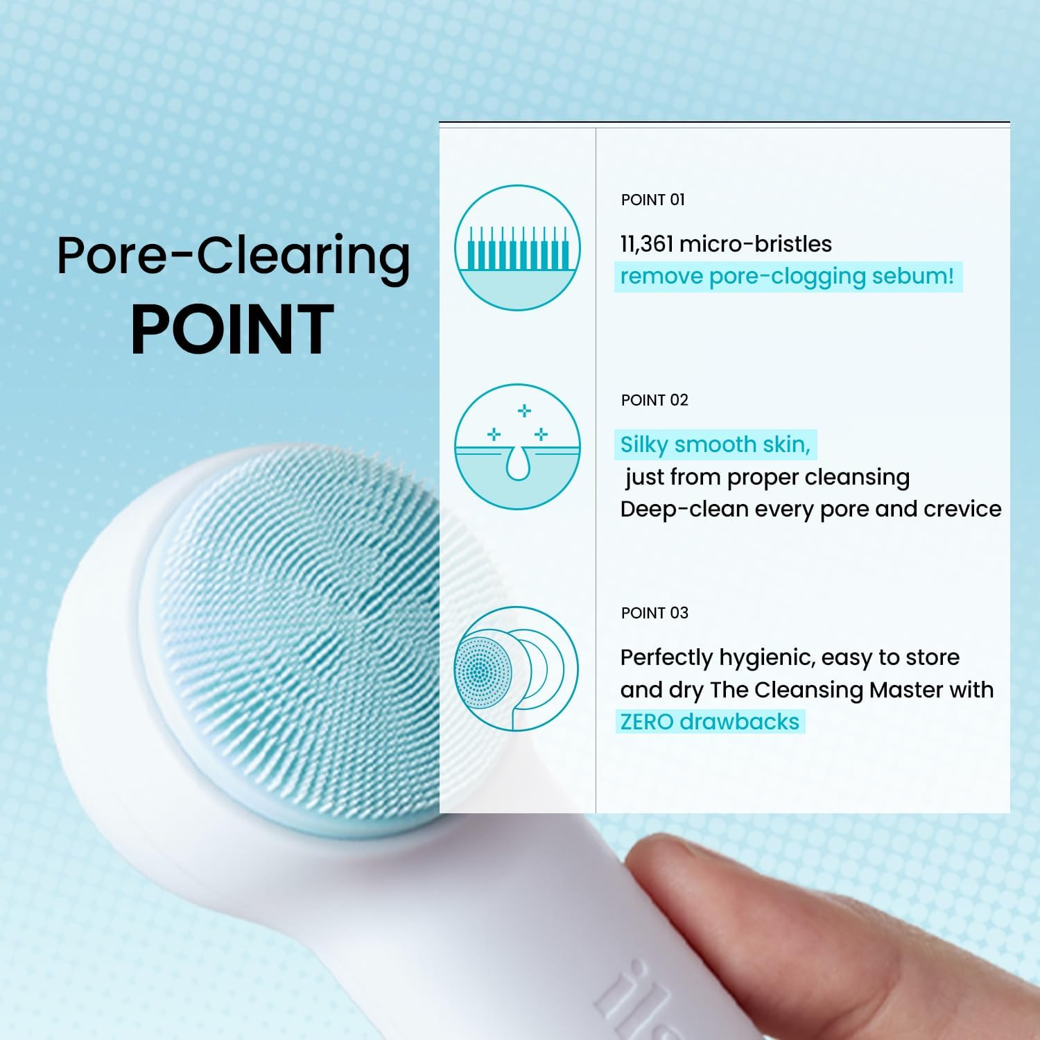 ILSO Pore Cleansing Master, Silicone Facial Brush, White Blue, Deep Cleansing Tool with 1,361 Micro-Bristles, 5.7X 2.1 X 1.1 Inches (146X54X30Mm)