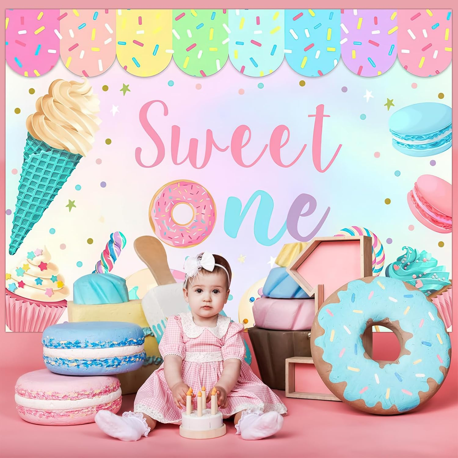 Bicuces Ice Cream Backdrop Ice Cream Party Decorations Sweet One Backdrop Sundae Happy Birthday Banner Summer Photo Booth Photography Background for Sprinkles Birthday Decorations image number 1