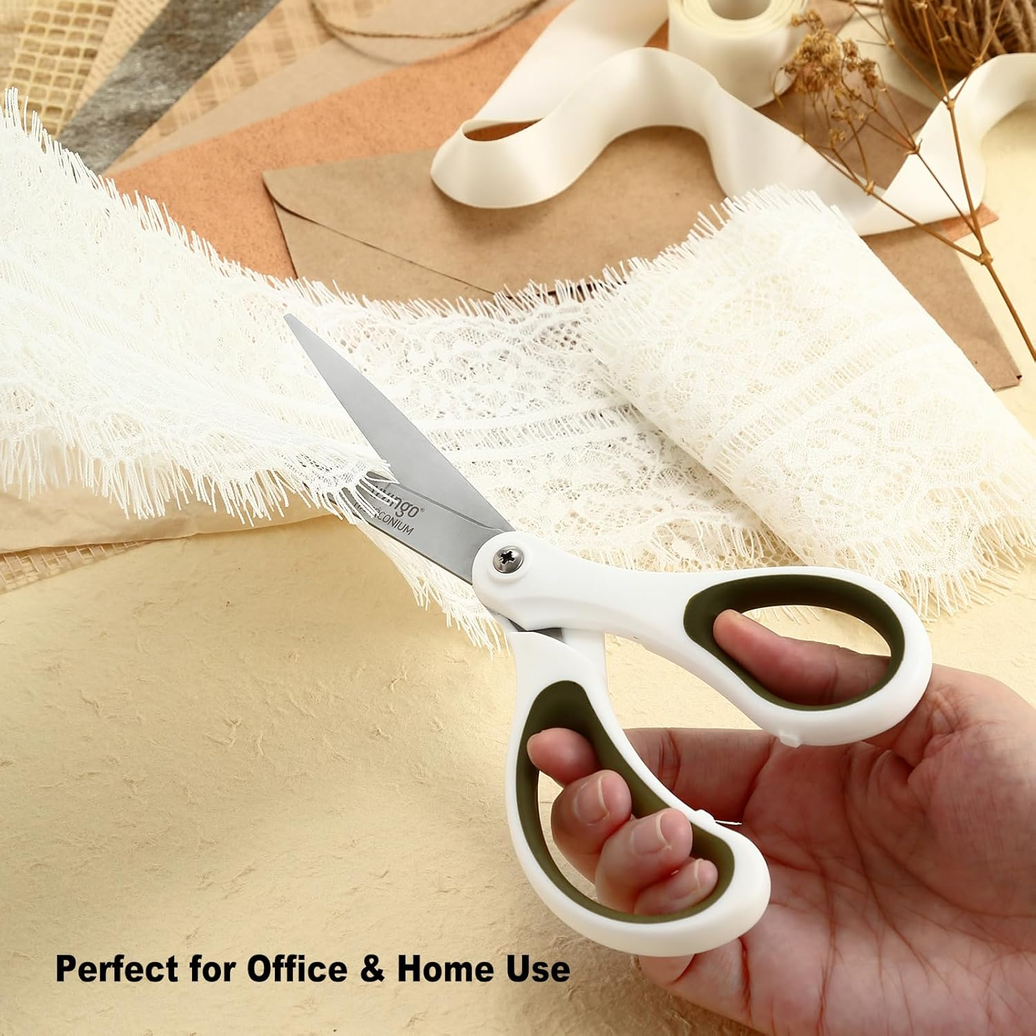 LIVINGO Scissors All Purpose - Titanium Coated Heavy Duty Sharp Stainless Steel Comfortable Shears for Office Home School Cutting Paper Fabric, Blue, White, and Brown, 3 Pieces image number 2