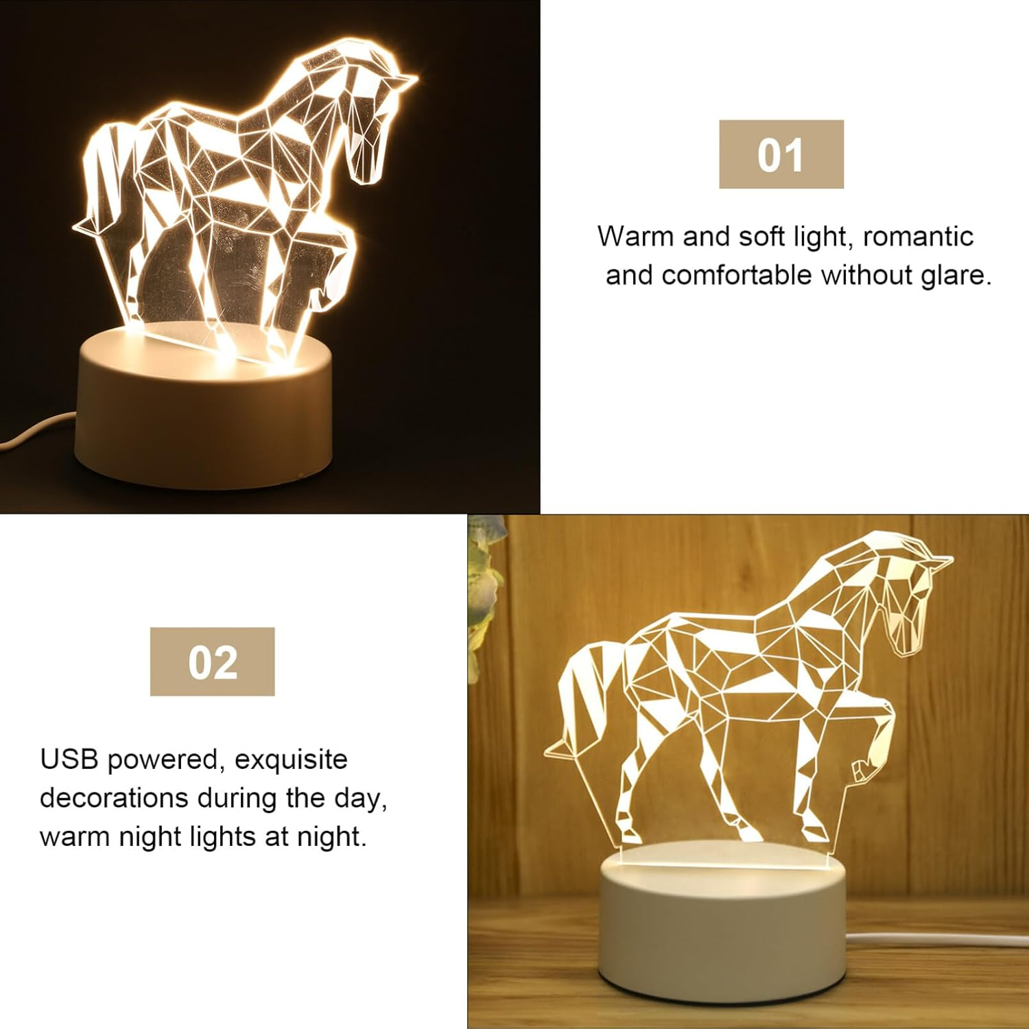 TOVINANNA LED Night Light, Sign Horse Shape Bedside Table Lamp, Dimmable, 3D Animal Shape Night Light USB Rechargable Lamp, Portable, Color Changing RGB for Kids, Bedroom image number 3