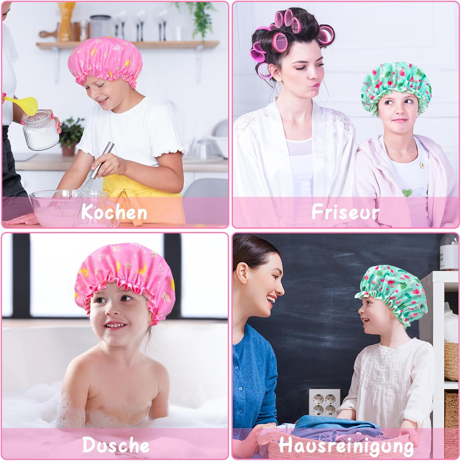 Pack of 2 Children'S Shower Caps, Elastic Band, Double Layers, Waterproof Shower Cap, Women'S Bath Cap, Women'S Shower Cap with Ruffled Edge, Cover Ears for Long, Short, Curly Hair image number 4